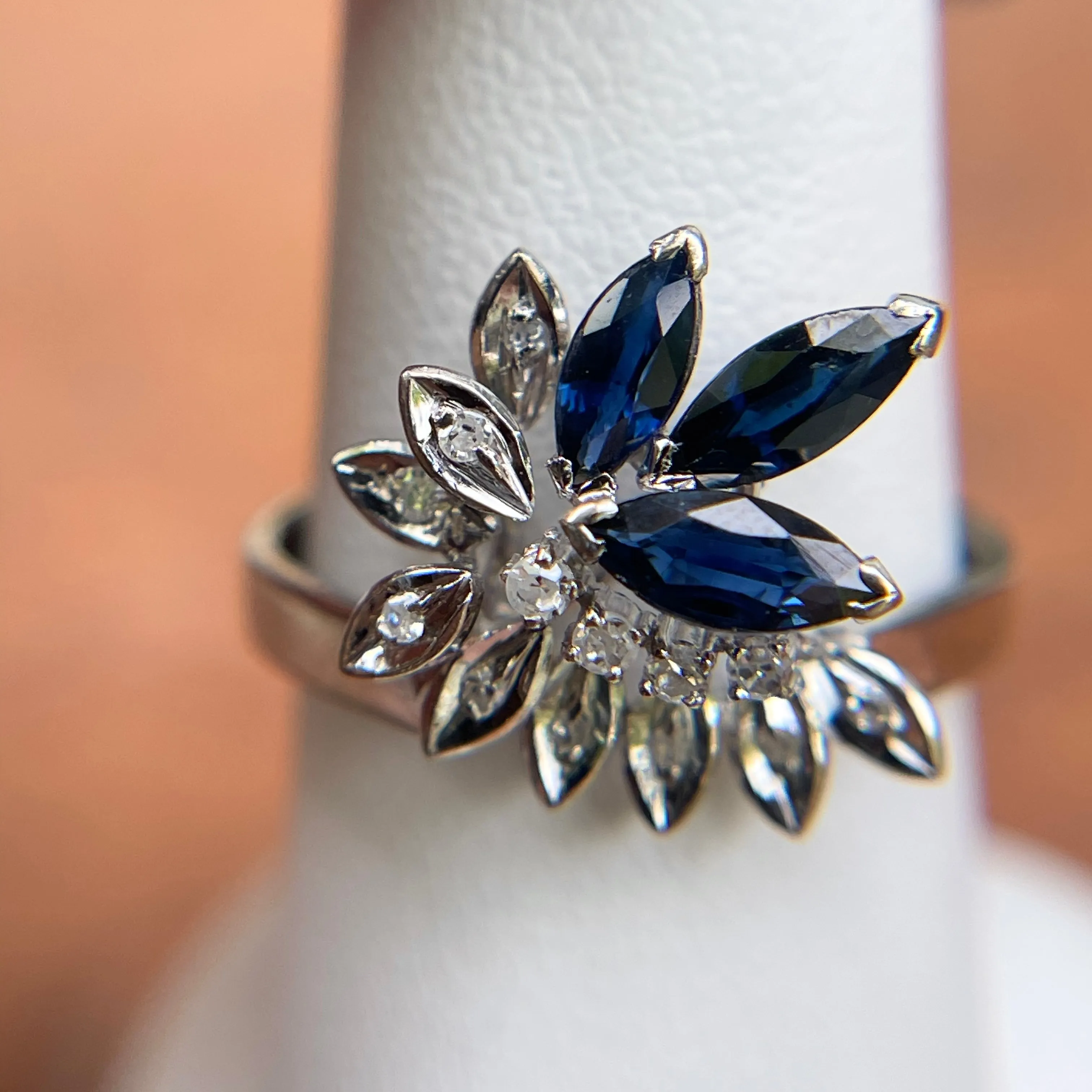 Estate 14KT White Gold Marquise Blue Sapphire   Diamond Flower Ring