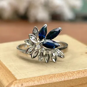 Estate 14KT White Gold Marquise Blue Sapphire   Diamond Flower Ring