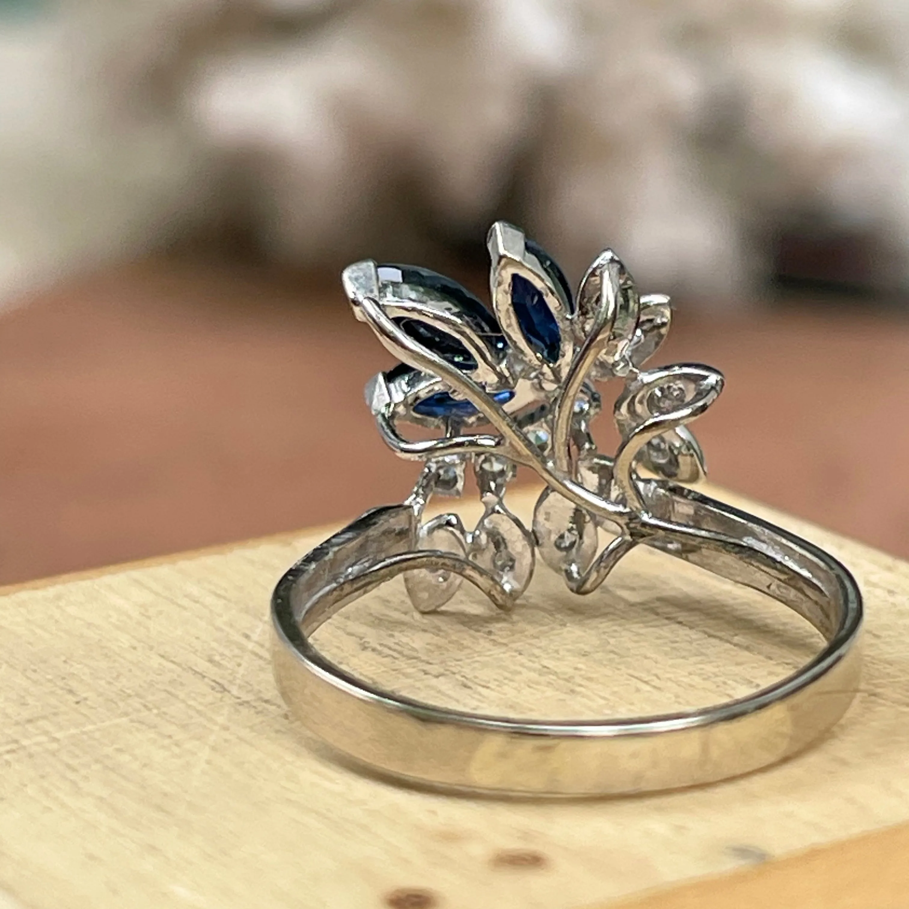 Estate 14KT White Gold Marquise Blue Sapphire   Diamond Flower Ring