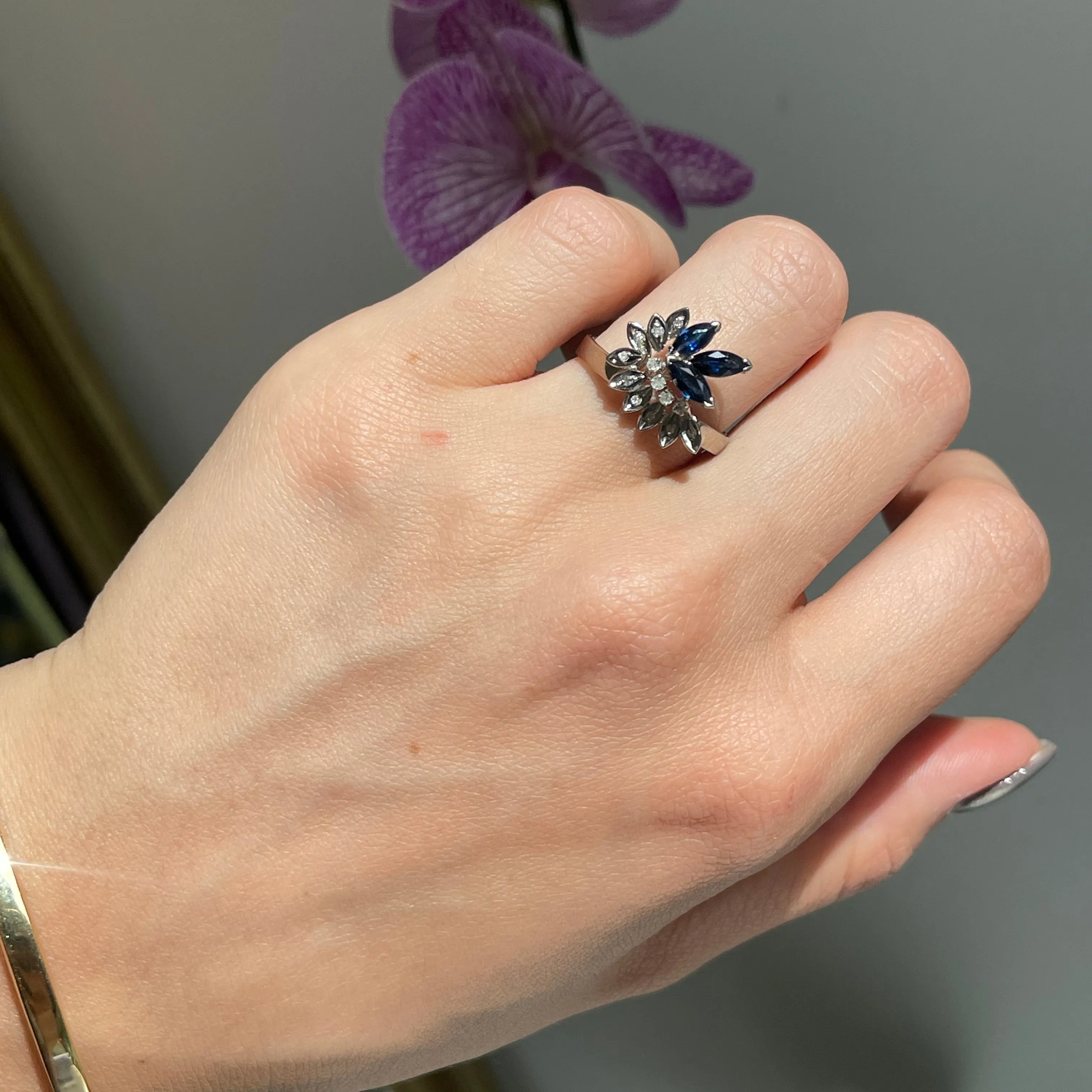 Estate 14KT White Gold Marquise Blue Sapphire   Diamond Flower Ring