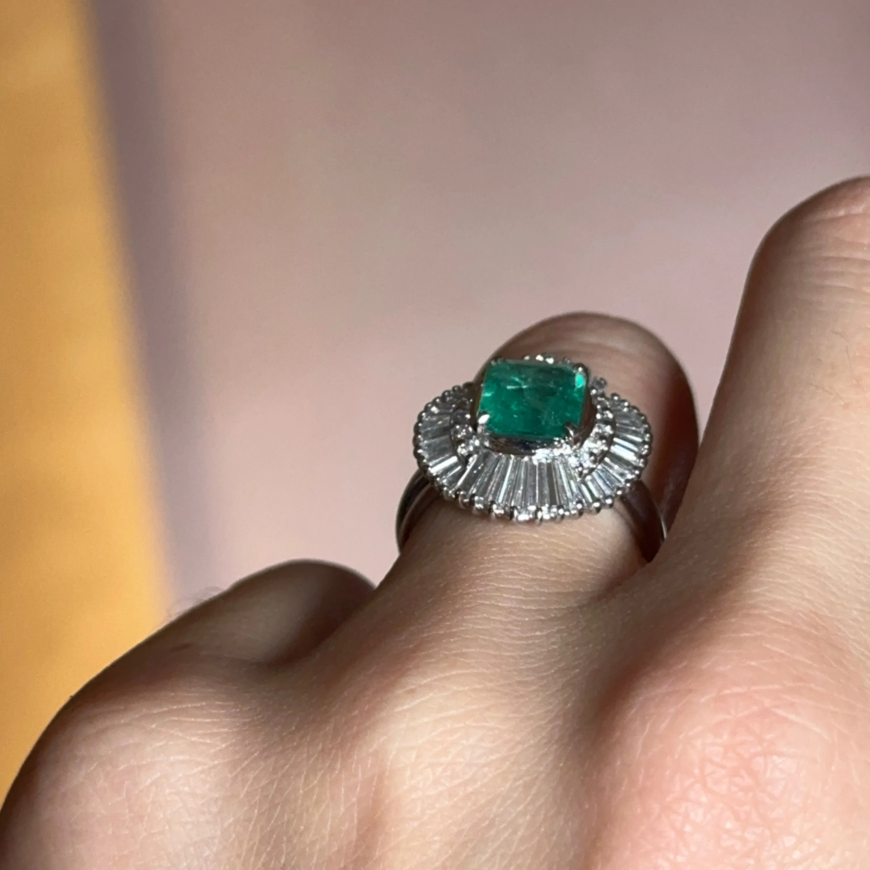 Estate Platinum Emerald-Cut Emerald   Baguette Diamond Ballerina Ring