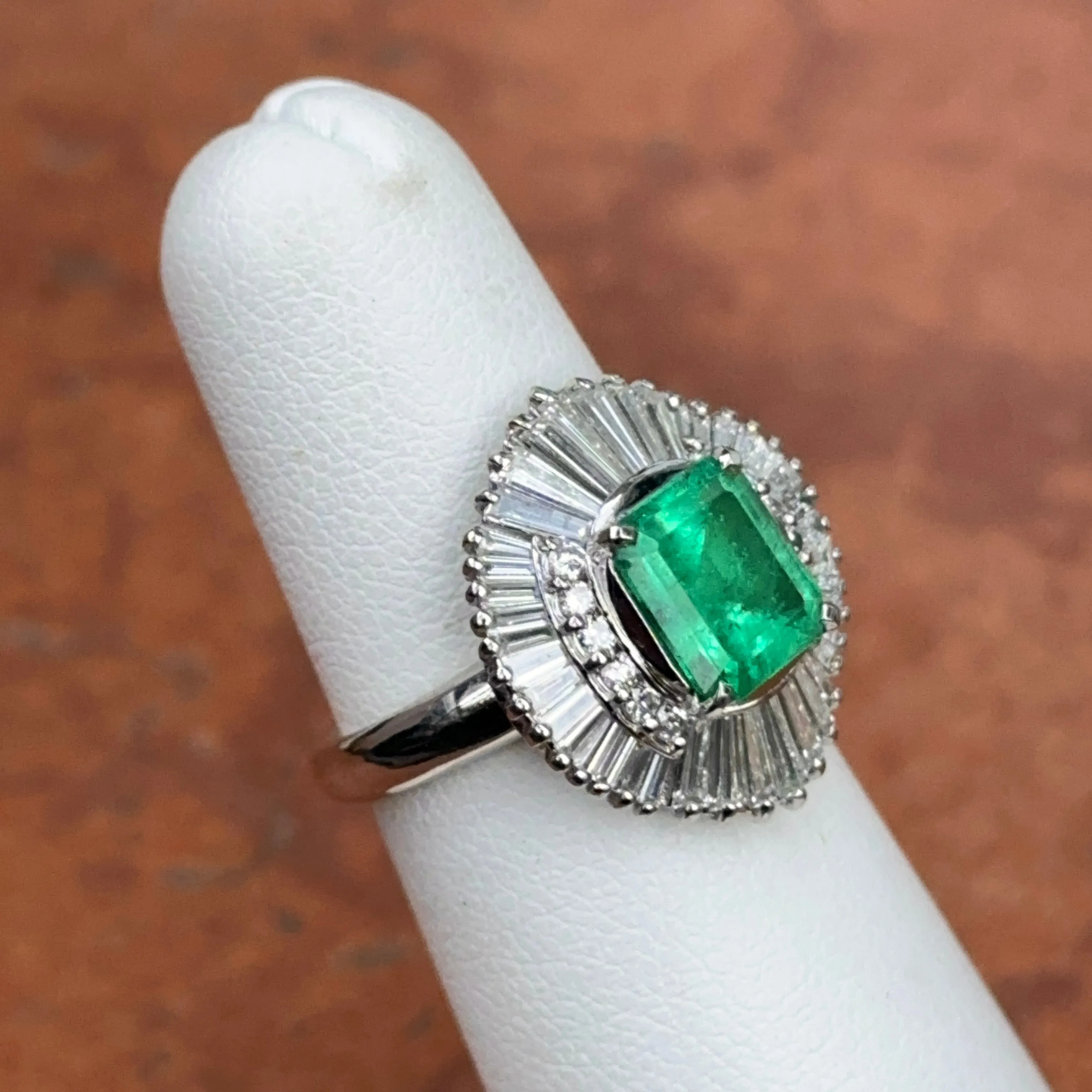 Estate Platinum Emerald-Cut Emerald   Baguette Diamond Ballerina Ring