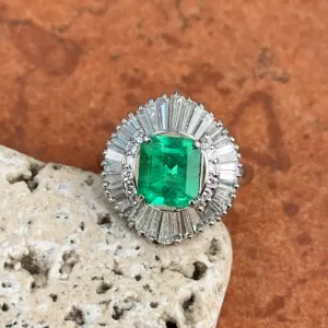Estate Platinum Emerald-Cut Emerald   Baguette Diamond Ballerina Ring