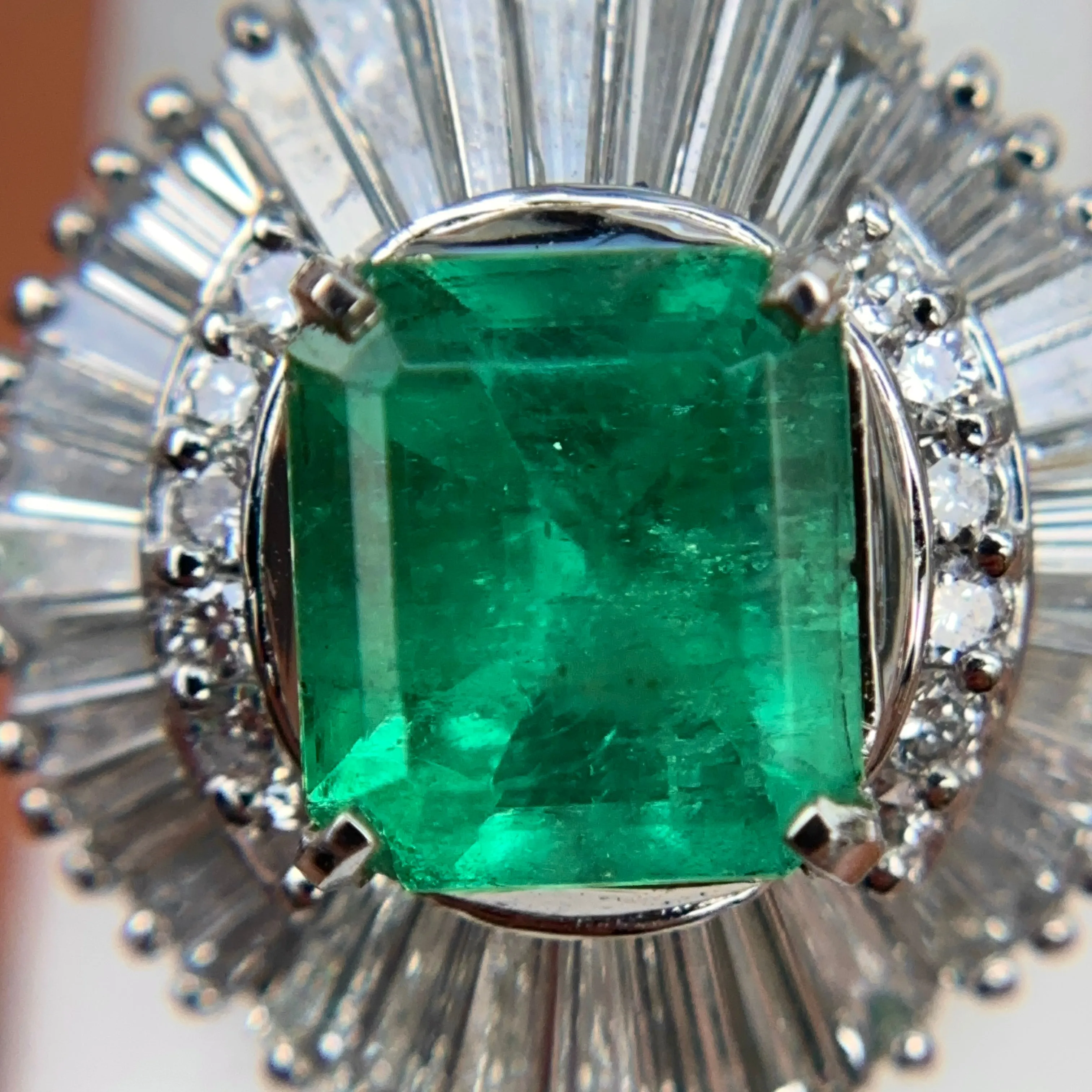 Estate Platinum Emerald-Cut Emerald   Baguette Diamond Ballerina Ring