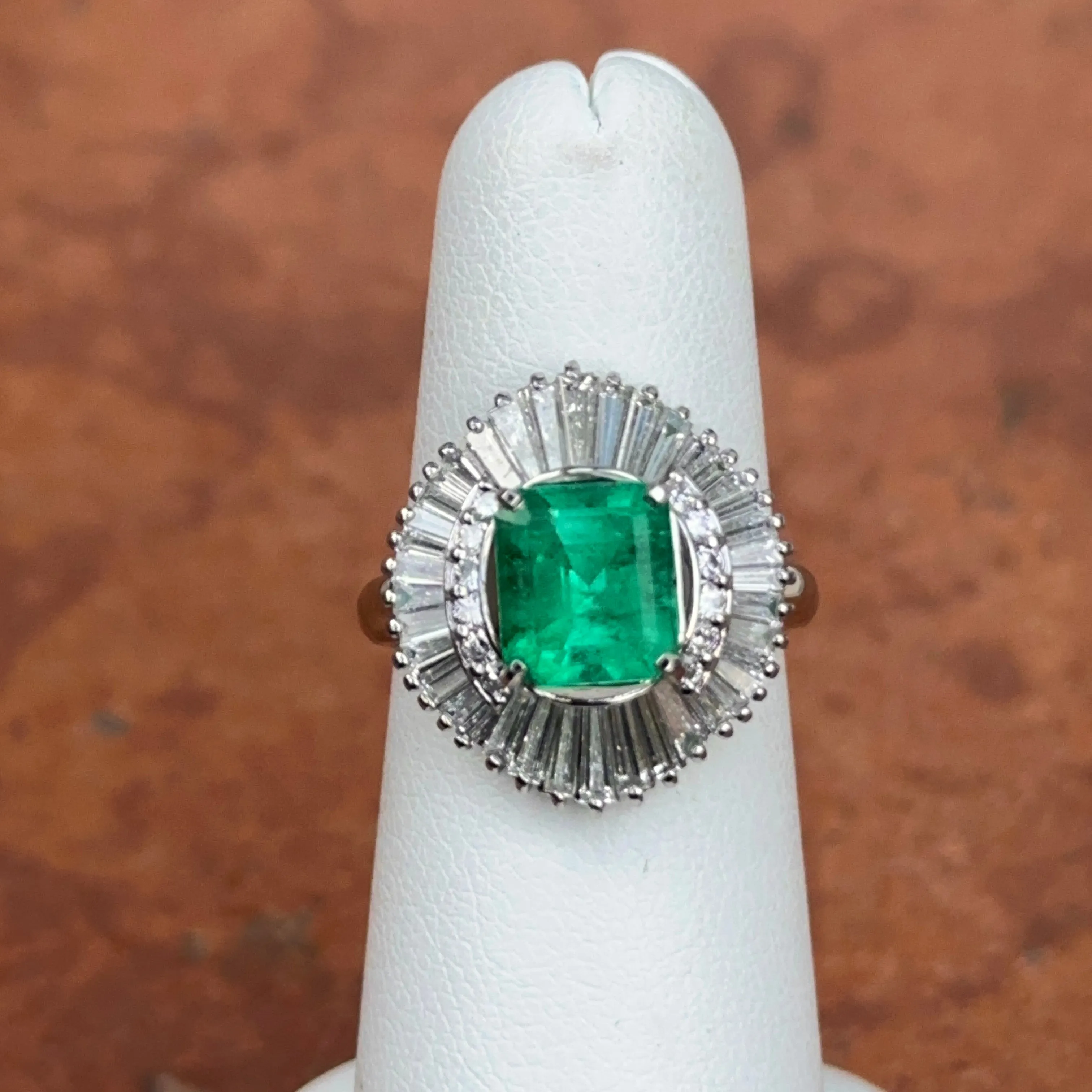 Estate Platinum Emerald-Cut Emerald   Baguette Diamond Ballerina Ring