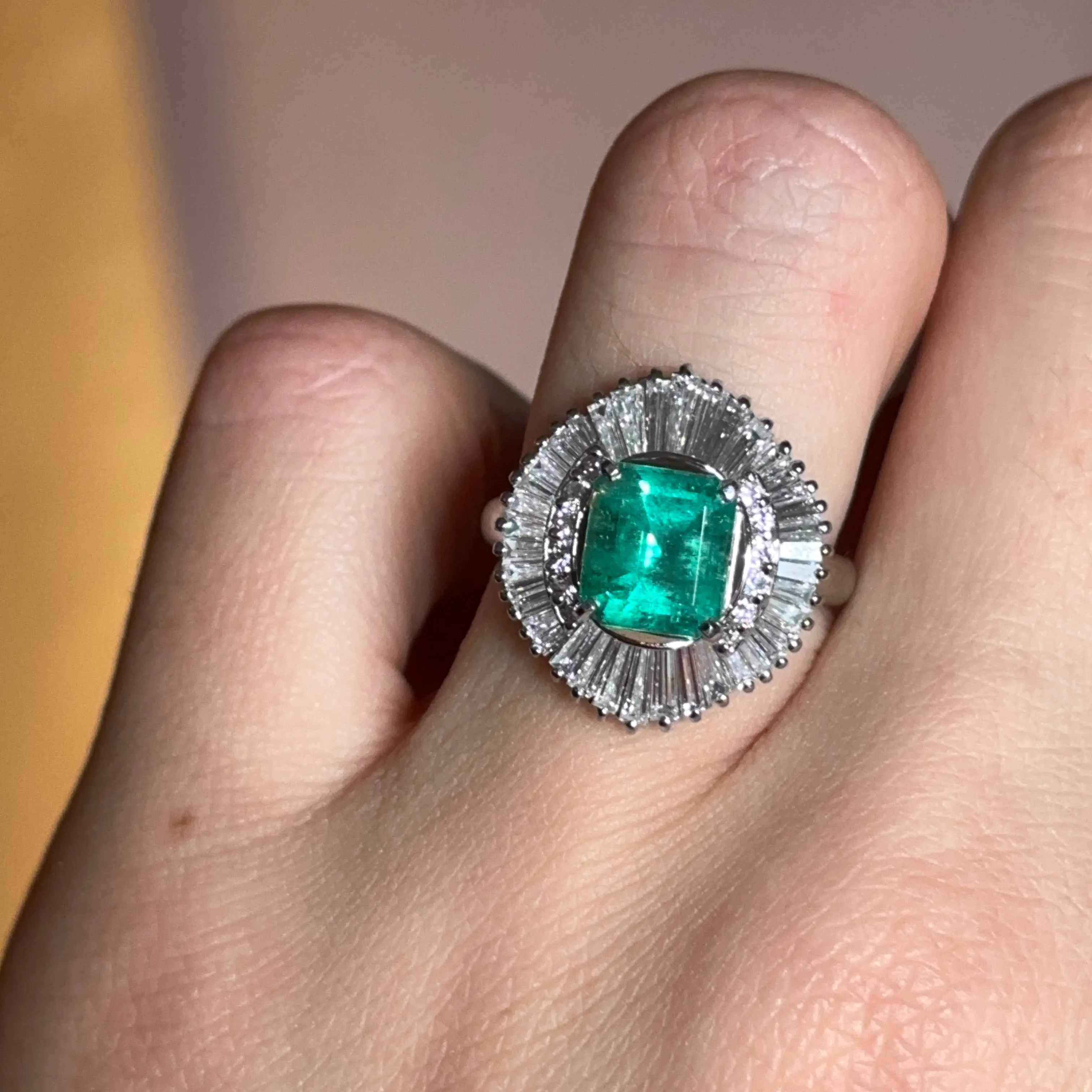 Estate Platinum Emerald-Cut Emerald   Baguette Diamond Ballerina Ring