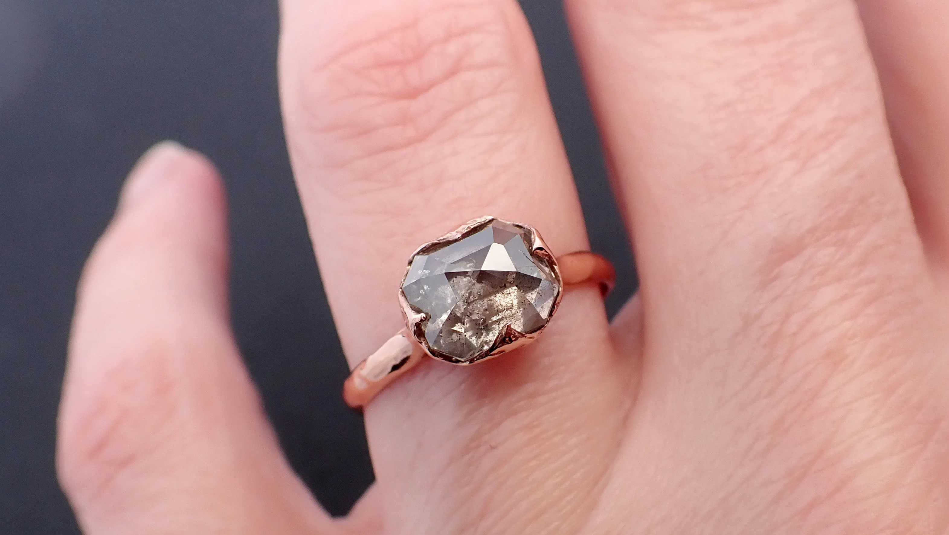 Faceted Fancy cut Champagne and pepper Diamond Solitaire Engagement 14k Rose Gold Wedding Ring byAngeline 1934