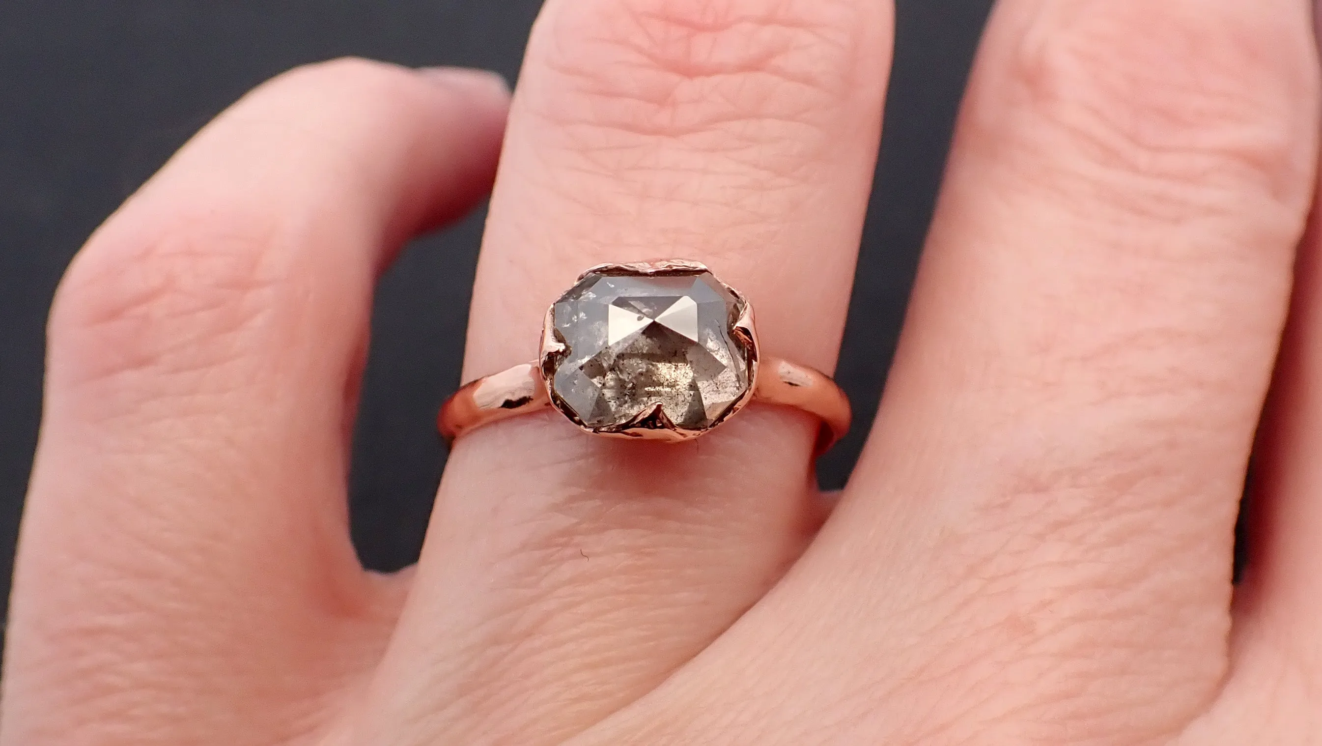Faceted Fancy cut Champagne and pepper Diamond Solitaire Engagement 14k Rose Gold Wedding Ring byAngeline 1934