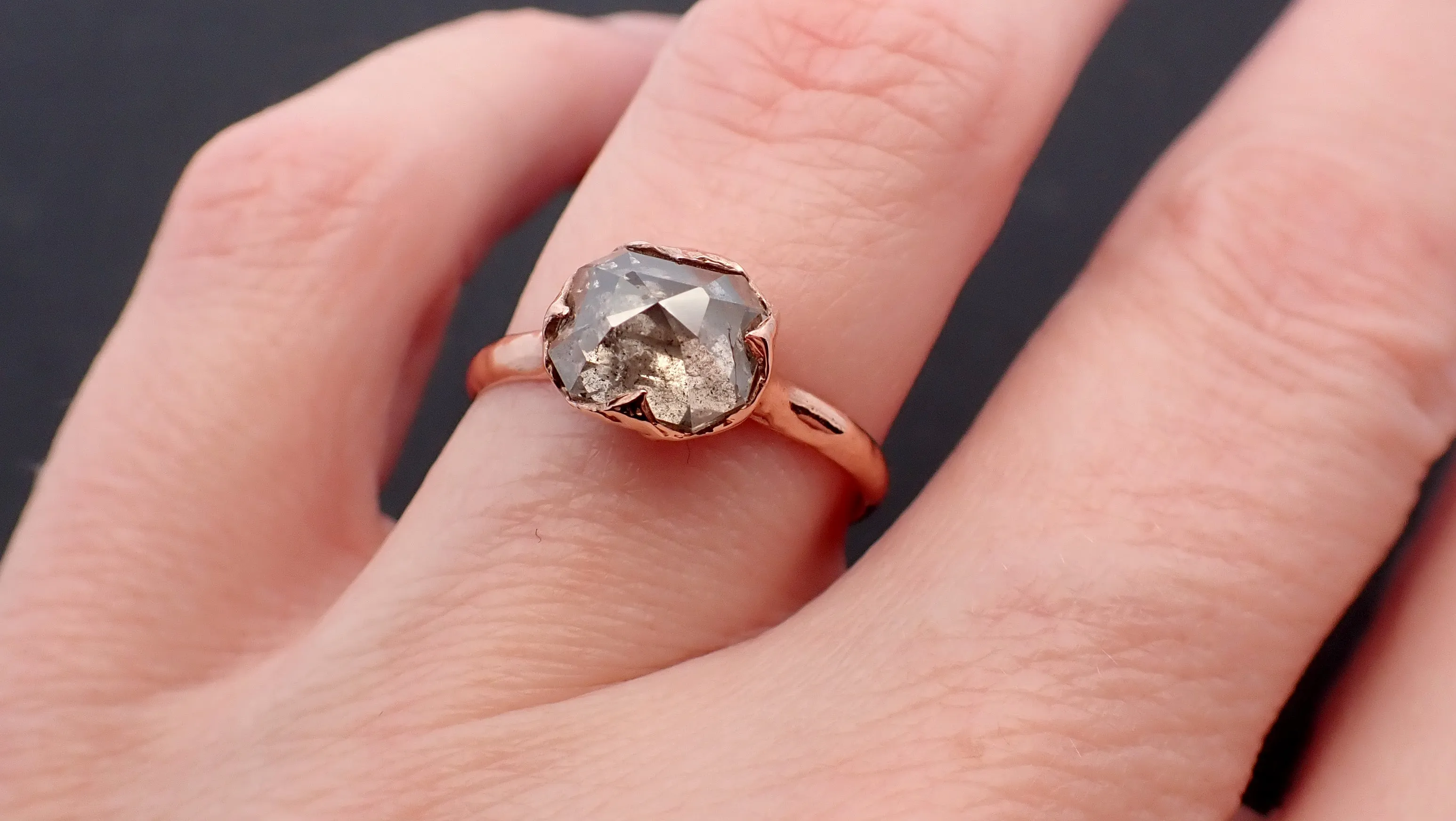 Faceted Fancy cut Champagne and pepper Diamond Solitaire Engagement 14k Rose Gold Wedding Ring byAngeline 1934