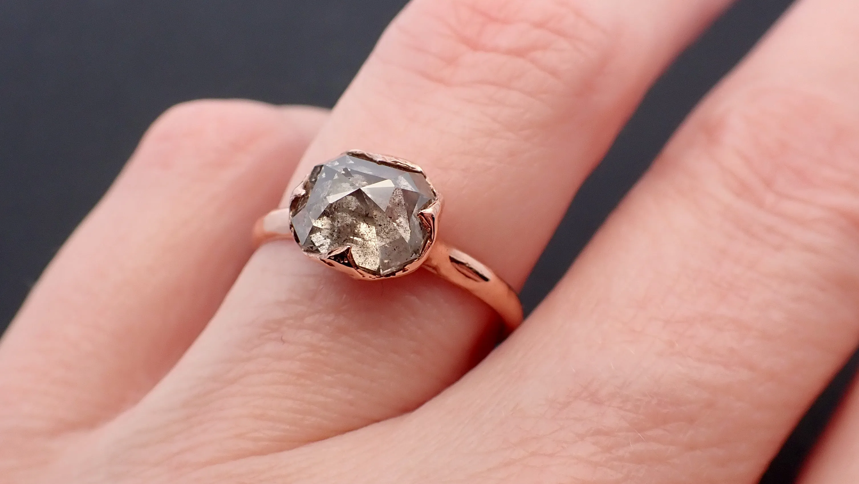 Faceted Fancy cut Champagne and pepper Diamond Solitaire Engagement 14k Rose Gold Wedding Ring byAngeline 1934