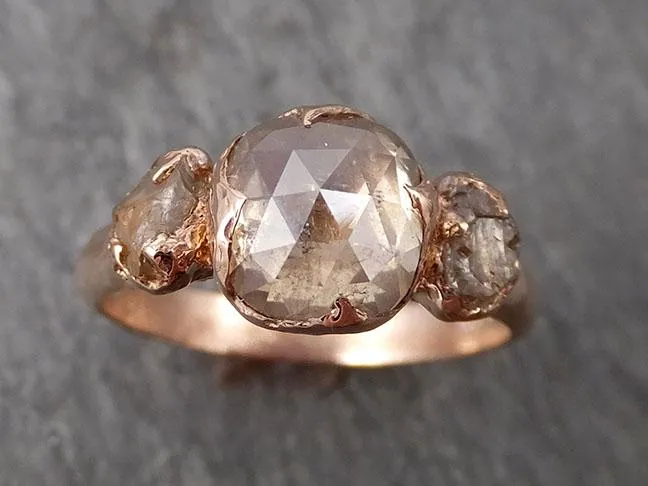 Faceted Fancy cut Champagne Diamond Engagement 14k Rose Gold Multi stone Wedding Ring Rough Diamond Ring byAngeline 1706