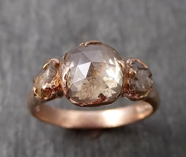 Faceted Fancy cut Champagne Diamond Engagement 14k Rose Gold Multi stone Wedding Ring Rough Diamond Ring byAngeline 1706
