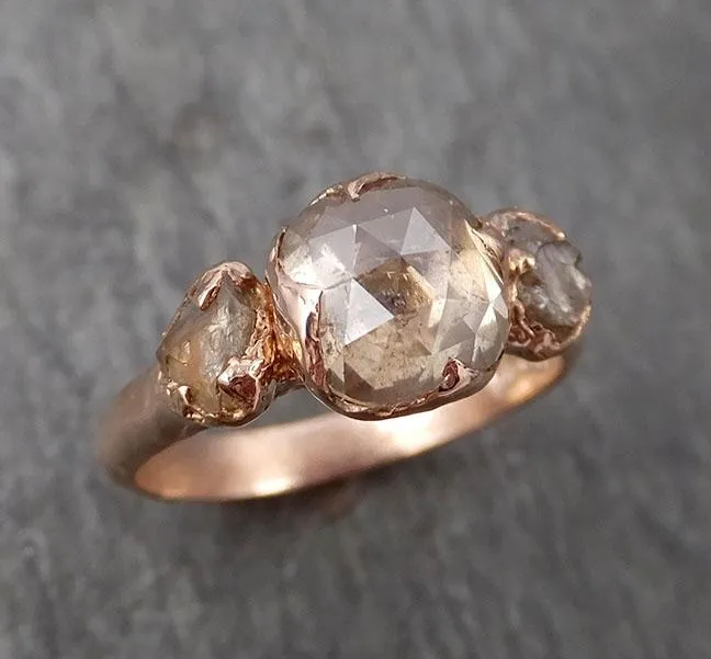 Faceted Fancy cut Champagne Diamond Engagement 14k Rose Gold Multi stone Wedding Ring Rough Diamond Ring byAngeline 1706
