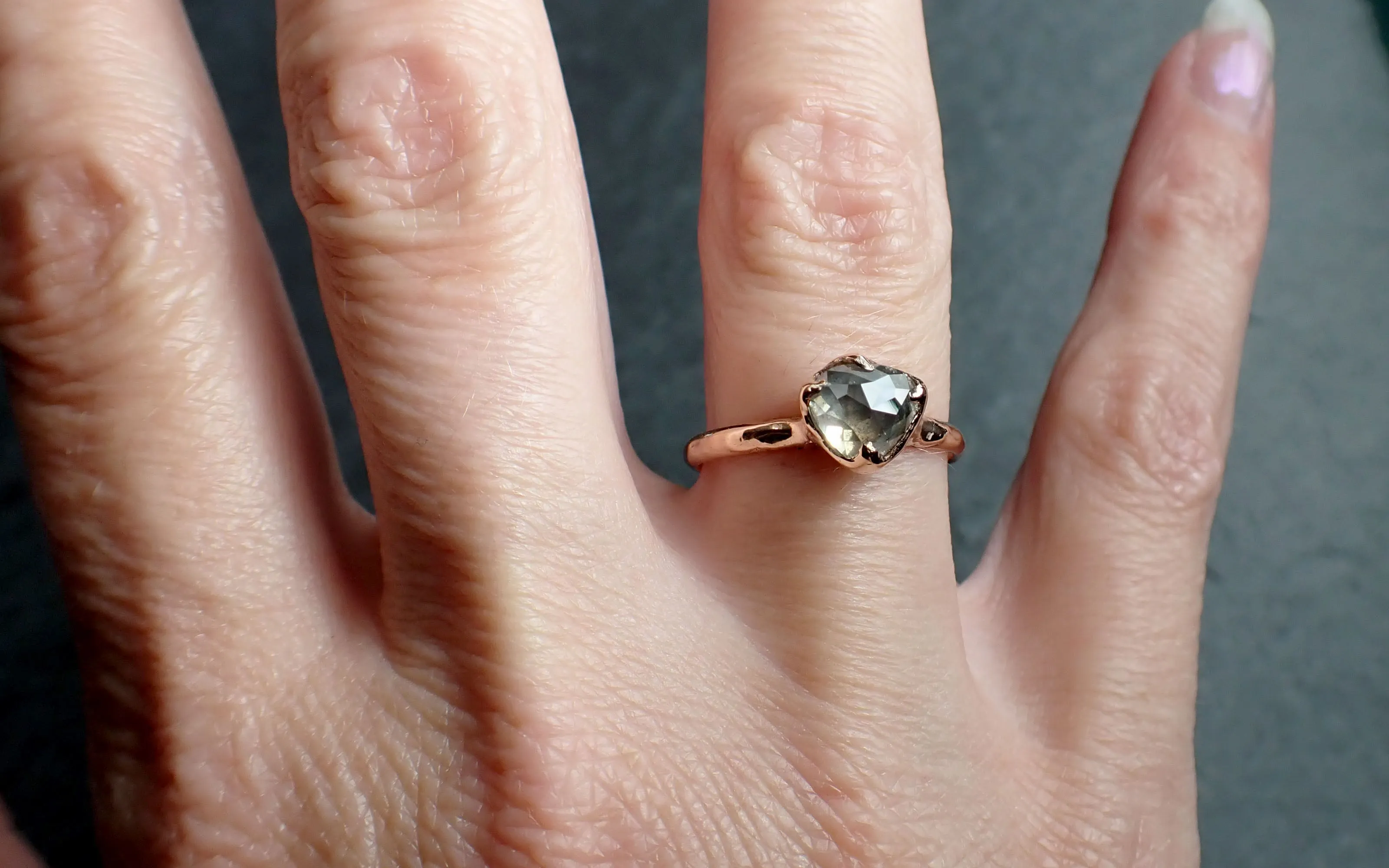 Faceted Fancy cut gray Diamond Solitaire Engagement 14k Rose Gold Wedding Ring byAngeline 2583
