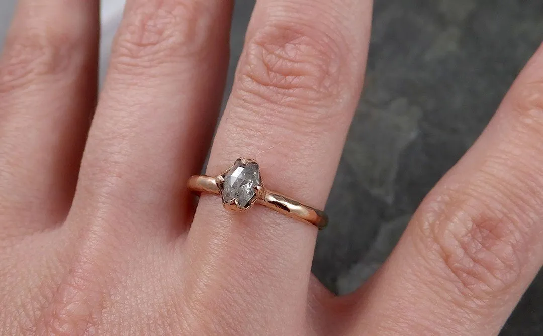 Faceted Fancy cut Salt and Pepper Diamond Solitaire Engagement 14k Rose Gold Wedding Ring byAngeline 1418