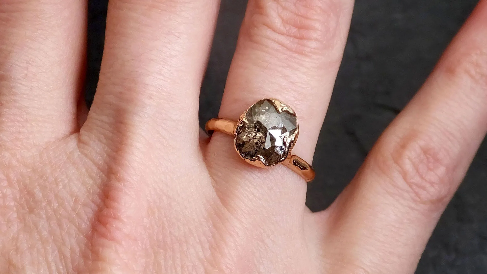 Faceted Fancy cut Salt and Pepper Diamond Solitaire Engagement 14k Rose Gold Wedding Ring byAngeline 2139