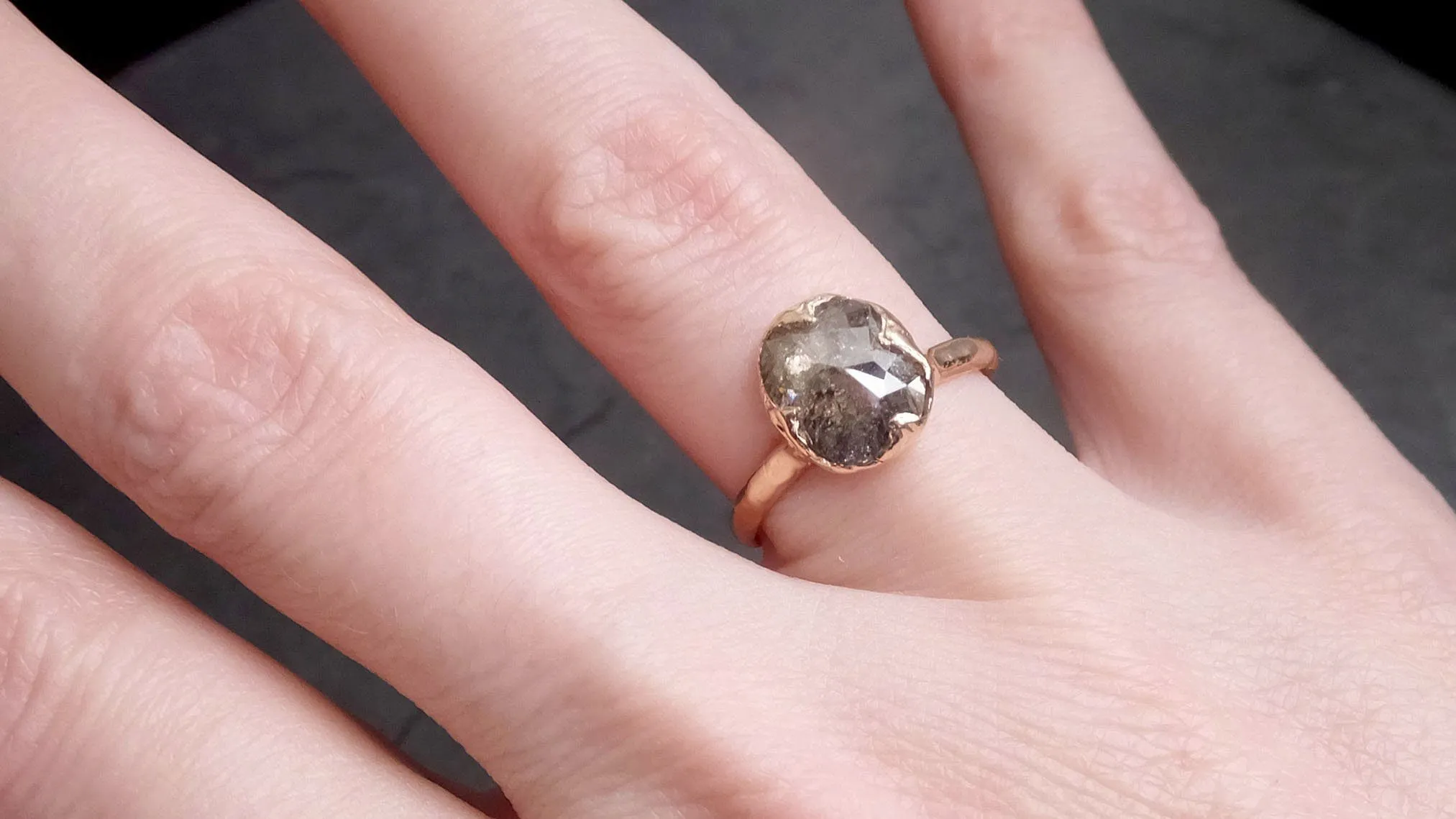 Faceted Fancy cut Salt and Pepper Diamond Solitaire Engagement 14k Rose Gold Wedding Ring byAngeline 2139