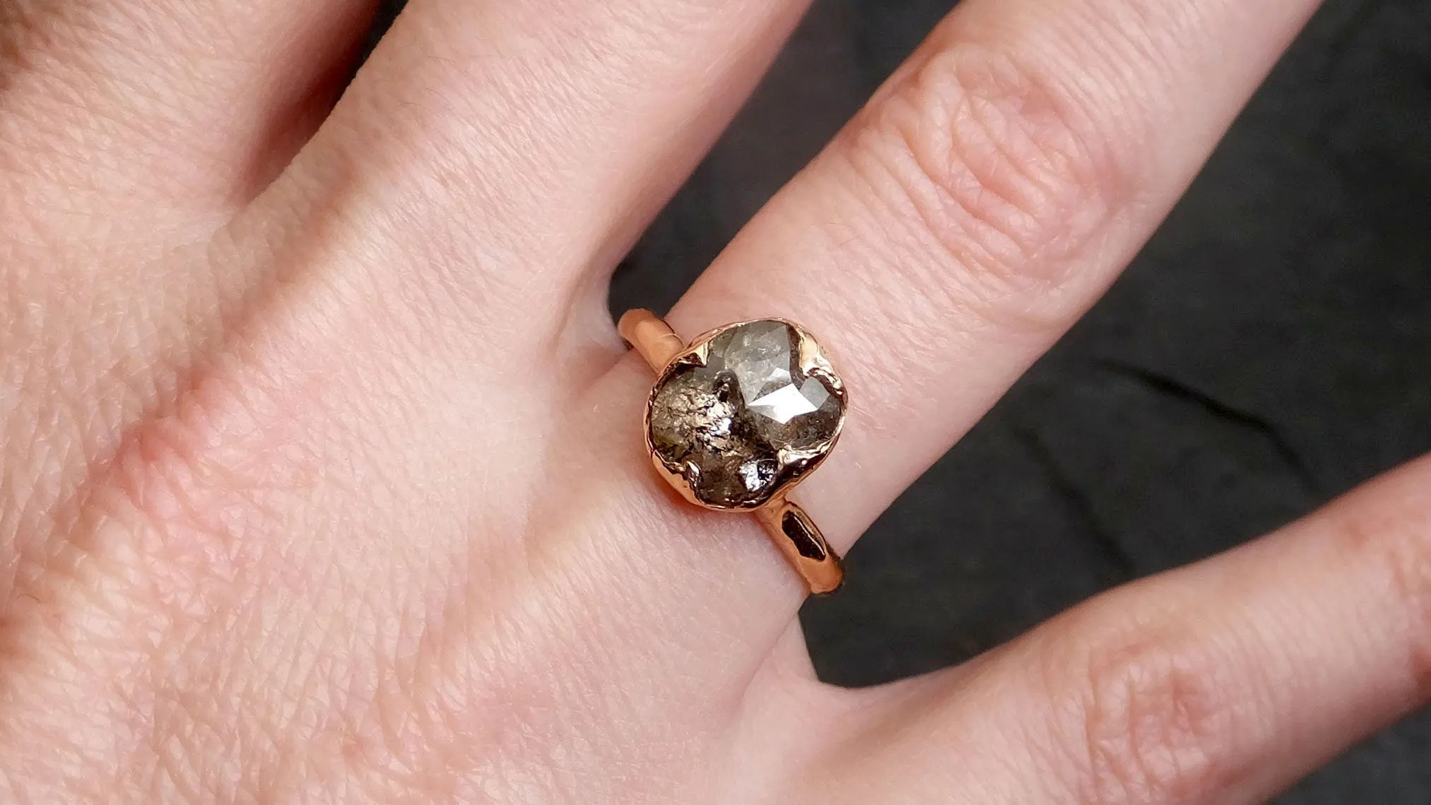 Faceted Fancy cut Salt and Pepper Diamond Solitaire Engagement 14k Rose Gold Wedding Ring byAngeline 2139