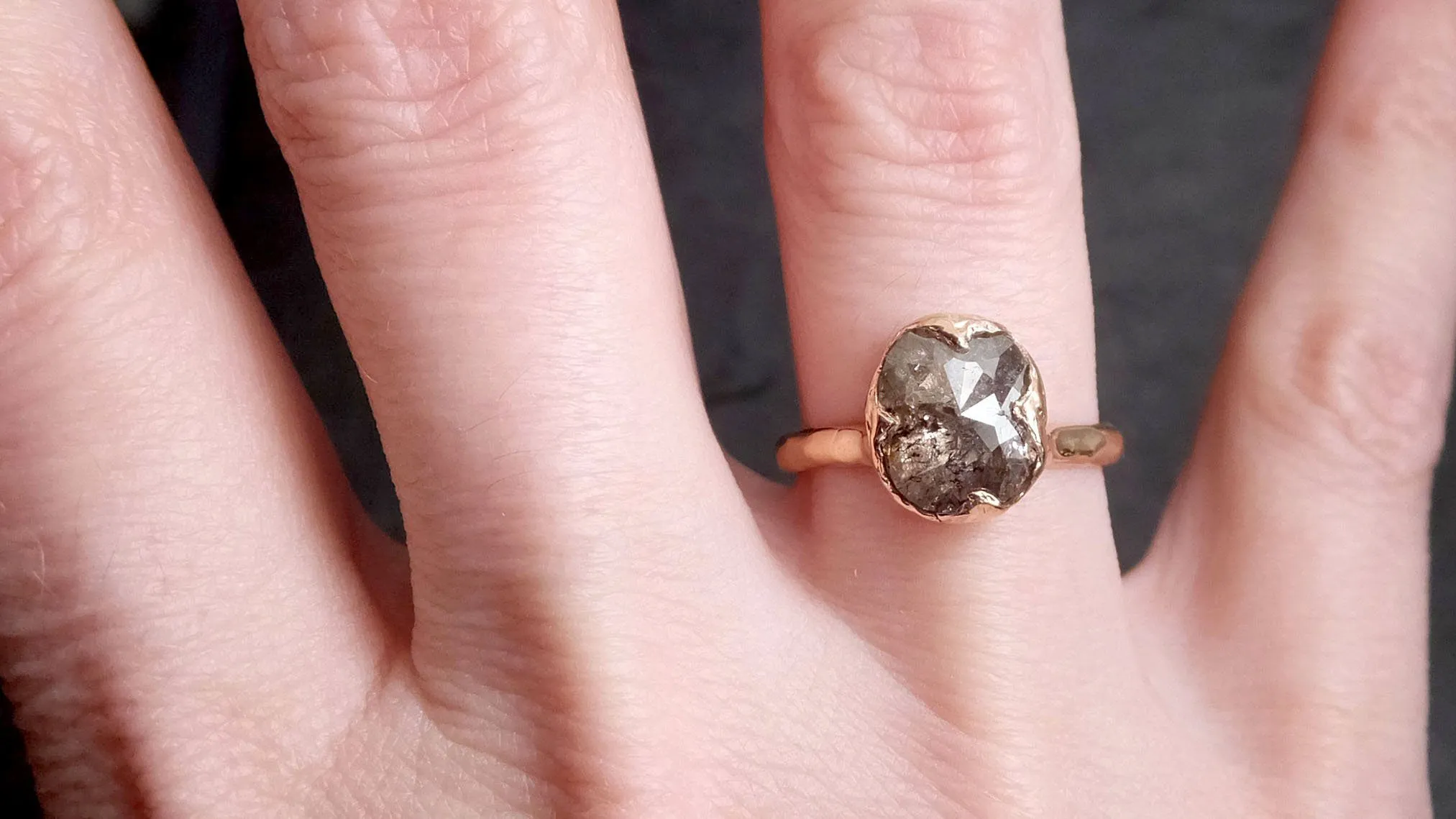 Faceted Fancy cut Salt and Pepper Diamond Solitaire Engagement 14k Rose Gold Wedding Ring byAngeline 2139