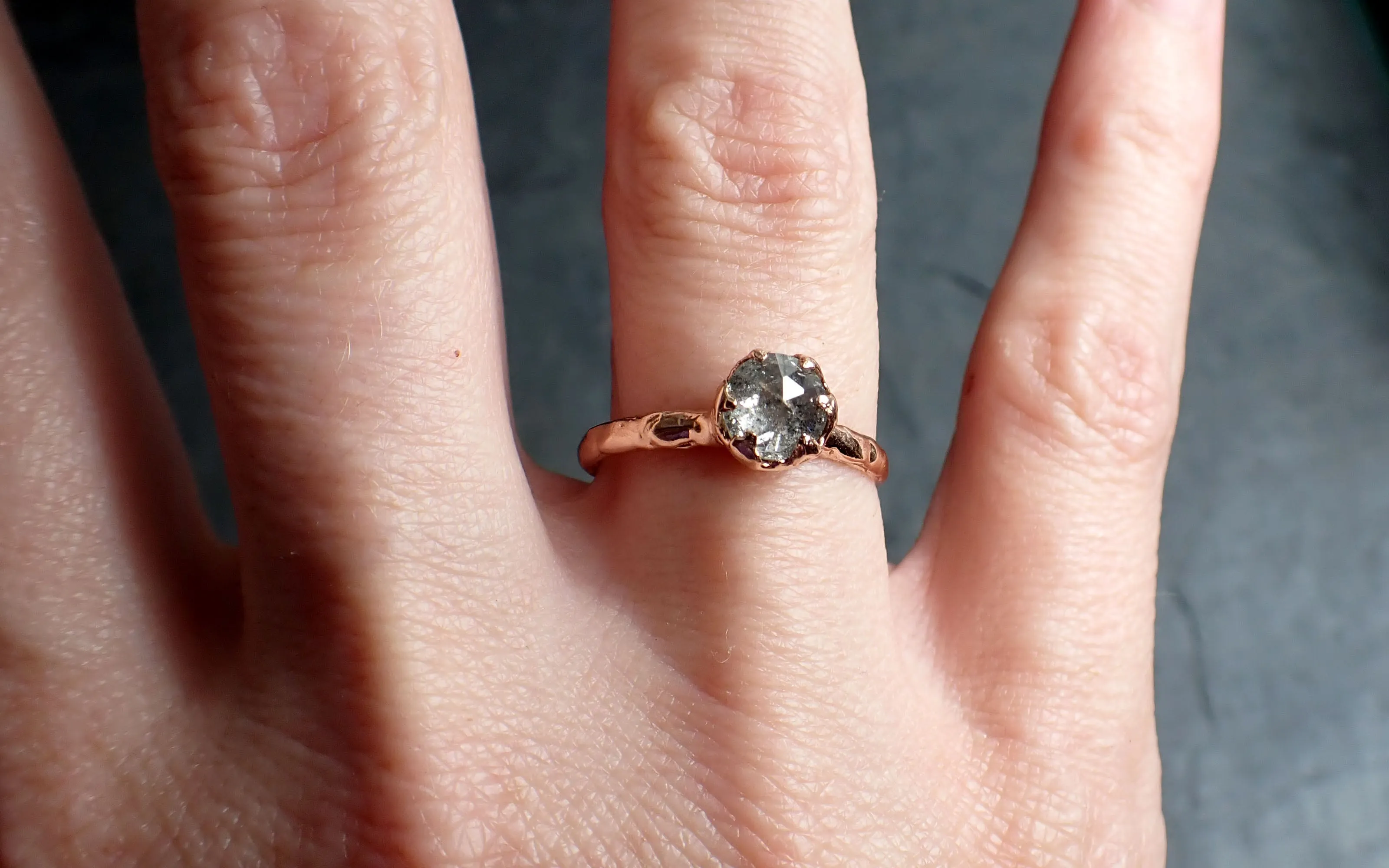 Faceted Fancy cut salt and pepper Diamond Solitaire Engagement 14k Rose Gold Wedding Ring byAngeline 2350