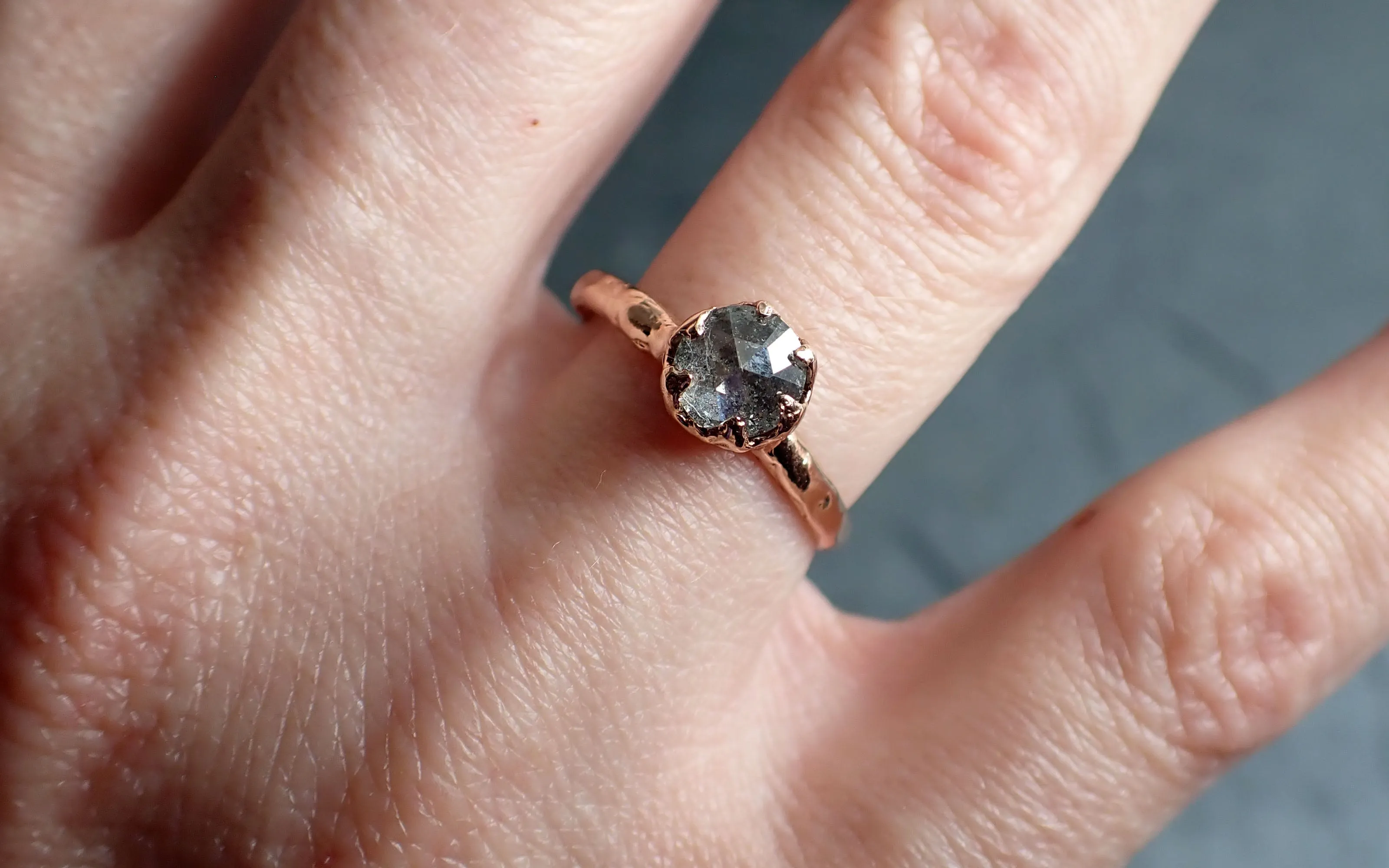 Faceted Fancy cut salt and pepper Diamond Solitaire Engagement 14k Rose Gold Wedding Ring byAngeline 2350