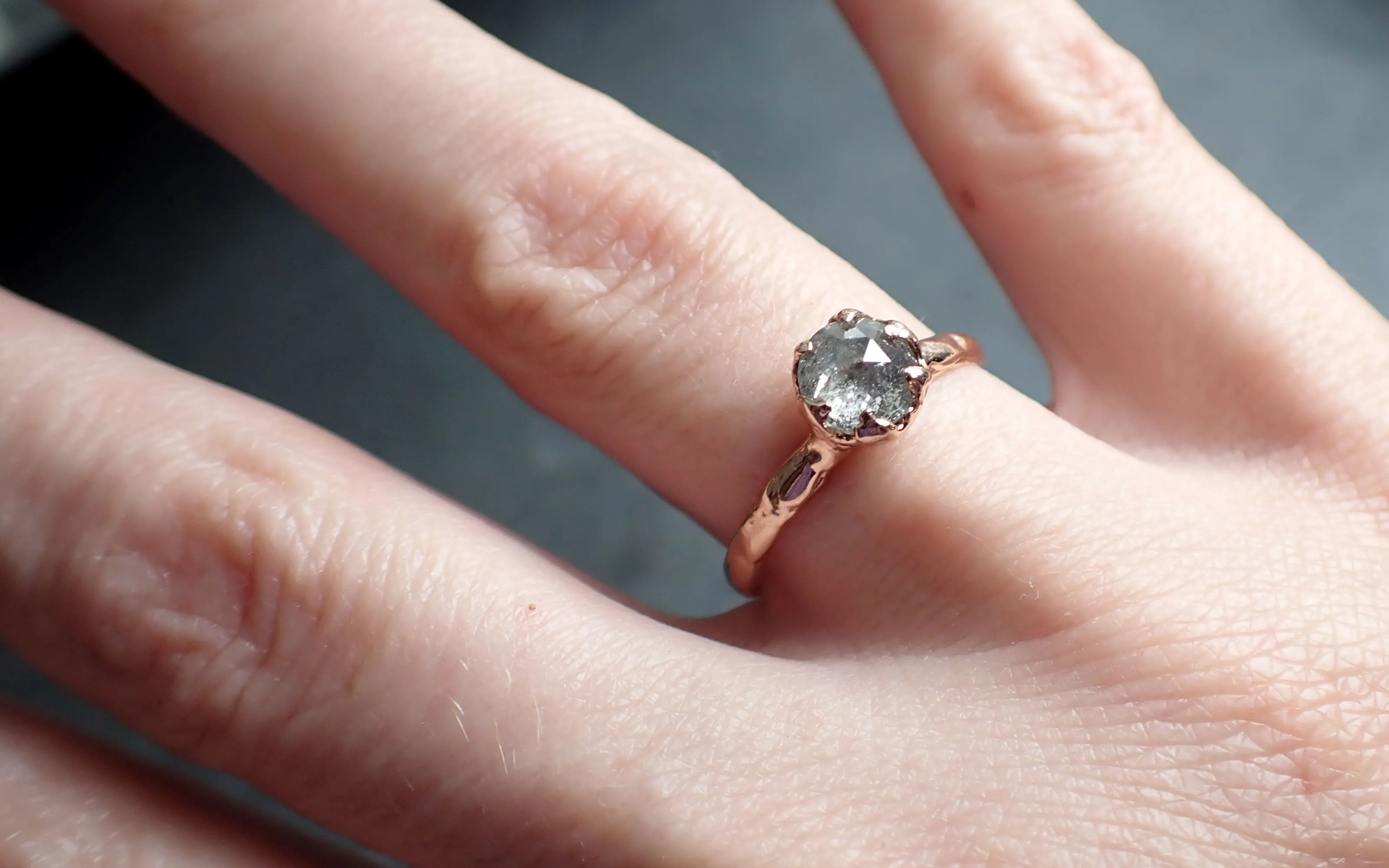 Faceted Fancy cut salt and pepper Diamond Solitaire Engagement 14k Rose Gold Wedding Ring byAngeline 2350