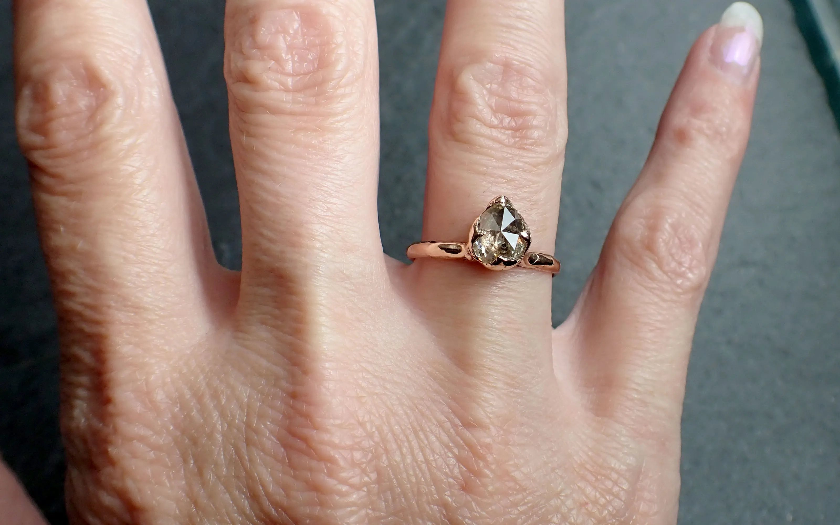 Faceted Fancy cut Salt and Pepper Diamond Solitaire Engagement 14k Rose Gold Wedding Ring byAngeline 2580