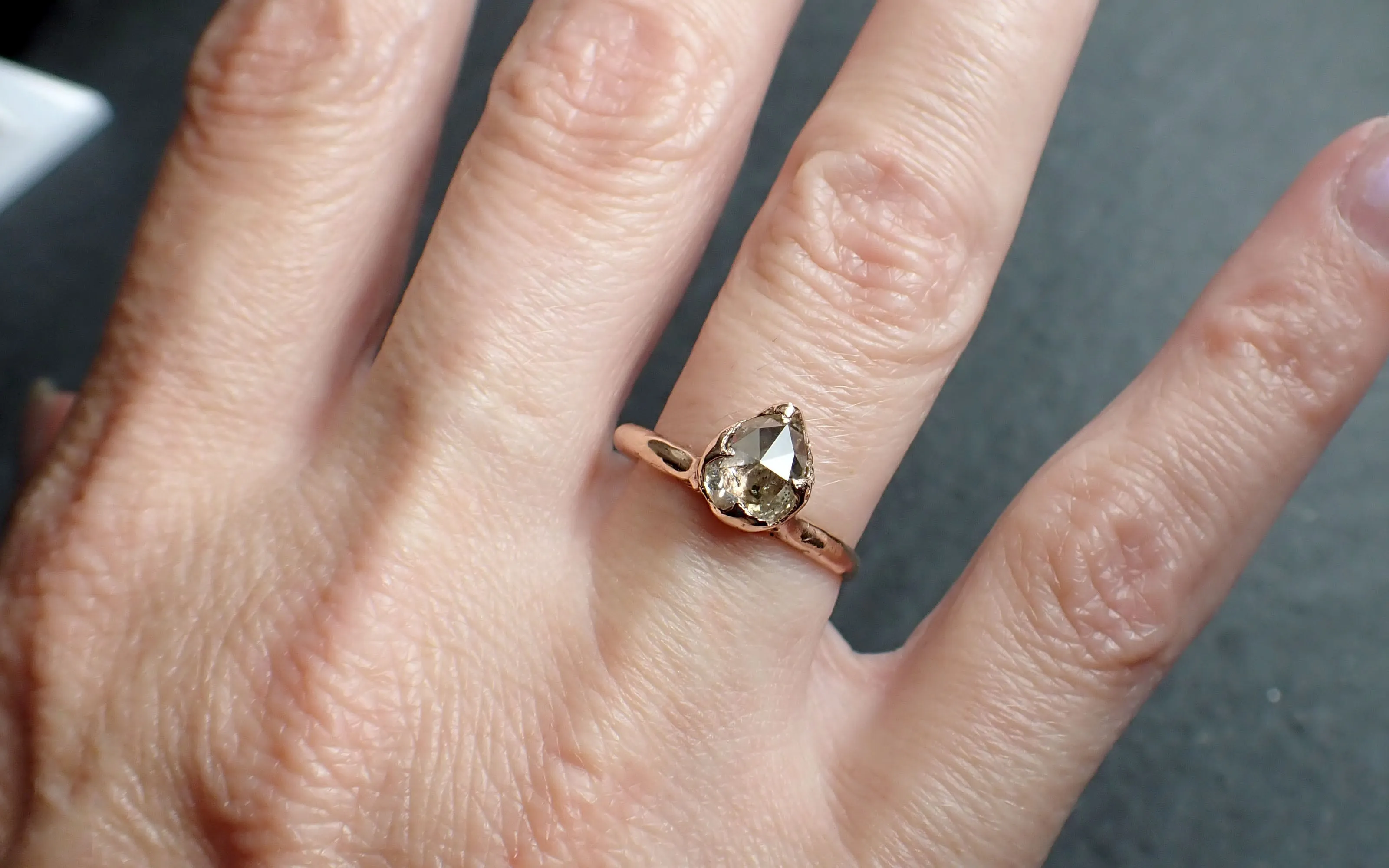 Faceted Fancy cut Salt and Pepper Diamond Solitaire Engagement 14k Rose Gold Wedding Ring byAngeline 2580