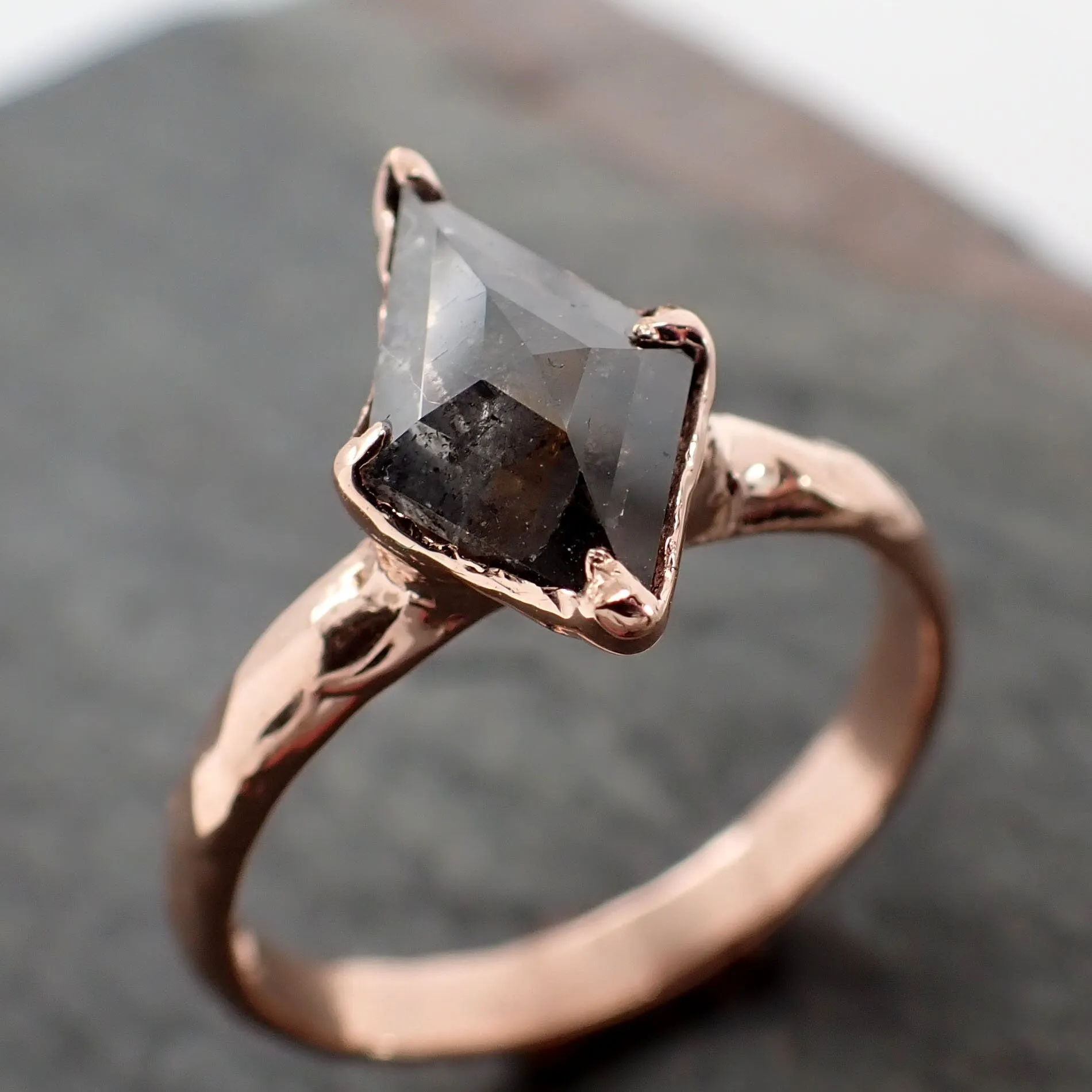 Faceted Fancy cut Salt and pepper Diamond Solitaire Engagement 14k Rose Gold Wedding Ring byAngeline 2914