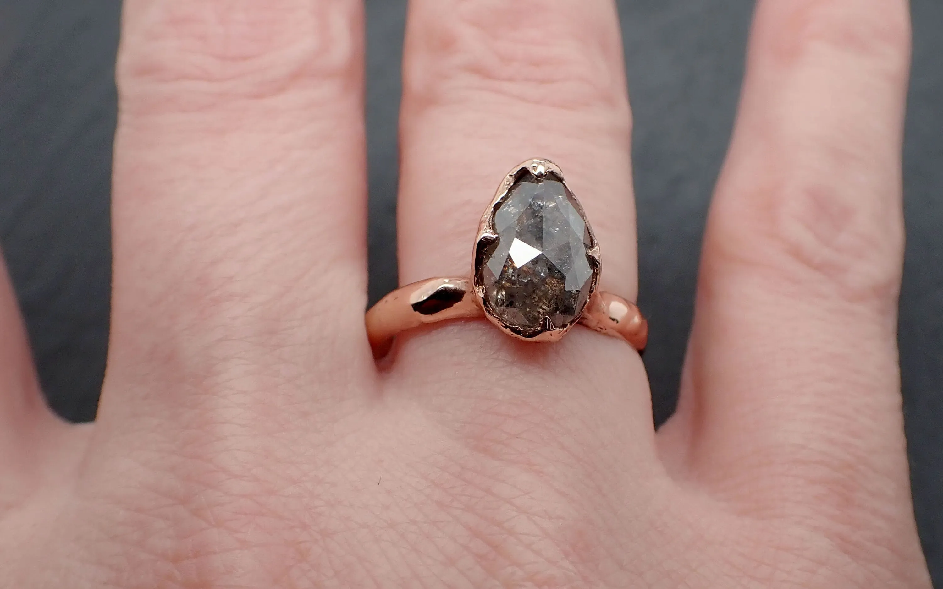 Faceted Fancy cut salt and pepper Diamond Solitaire Engagement 14k Rose Gold Wedding Ring byAngeline 3335