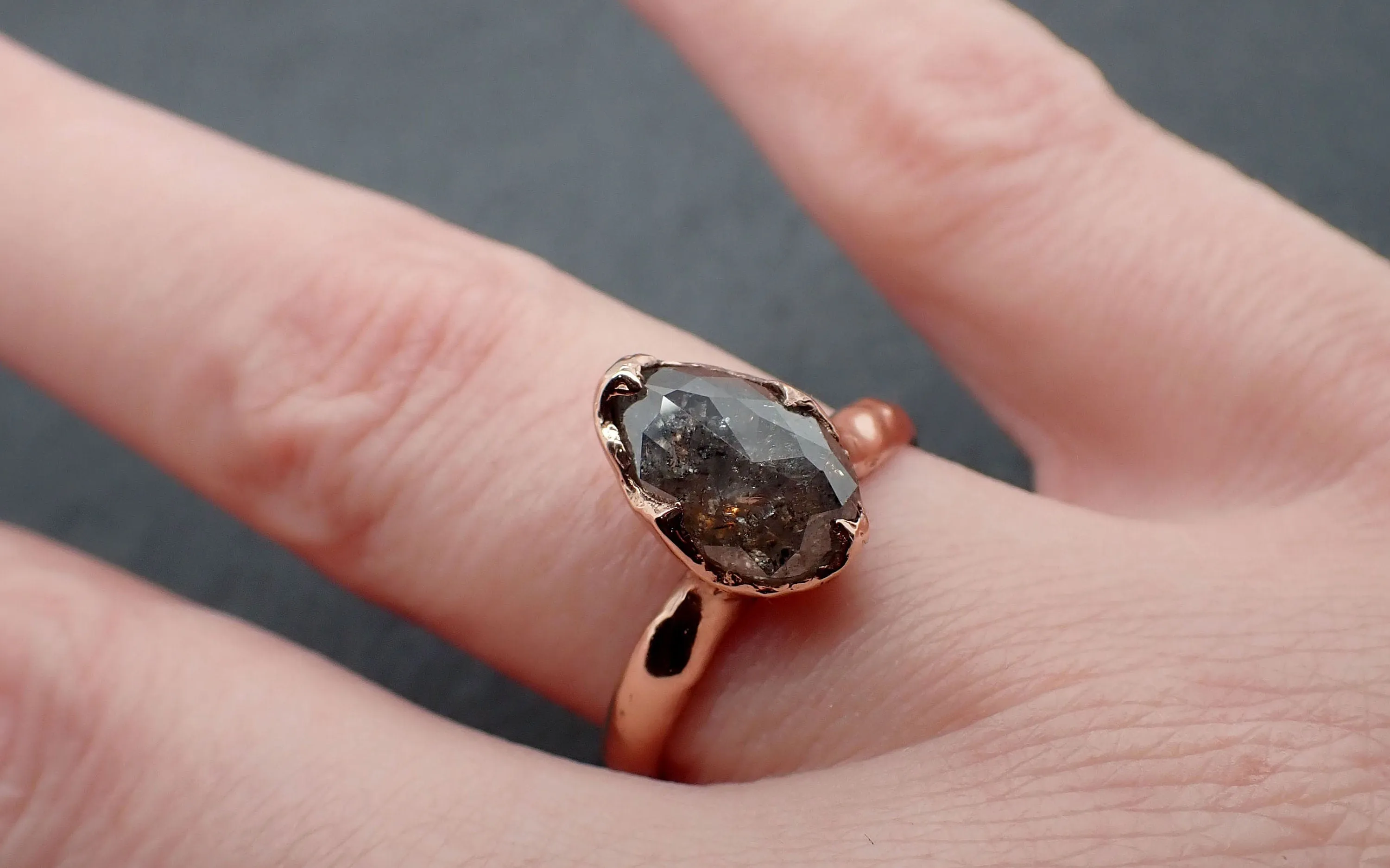Faceted Fancy cut salt and pepper Diamond Solitaire Engagement 14k Rose Gold Wedding Ring byAngeline 3335