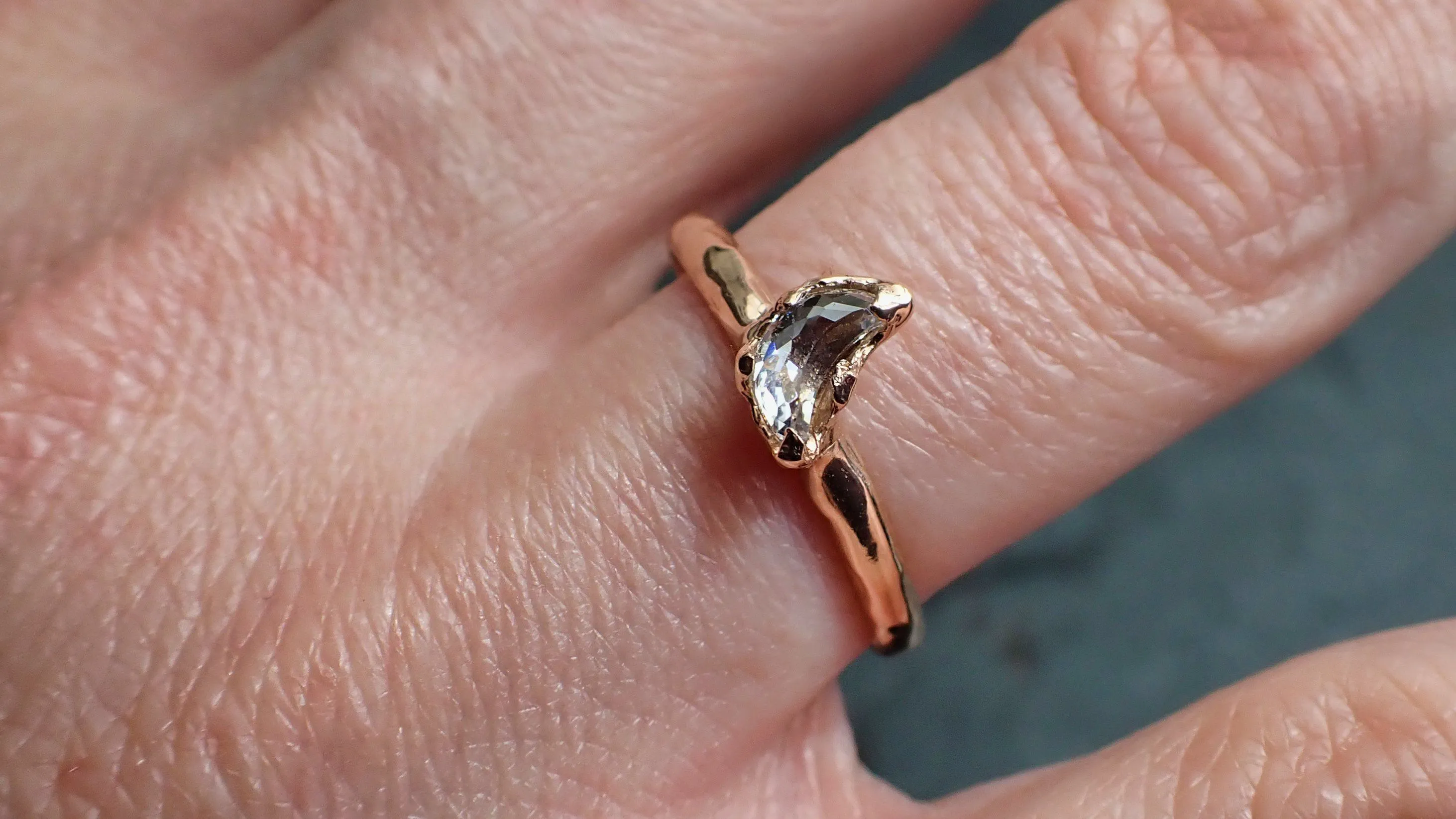 Faceted Fancy cut white crescent Moon Diamond Engagement 14k Rose Gold Solitaire Wedding Ring byAngeline 2202