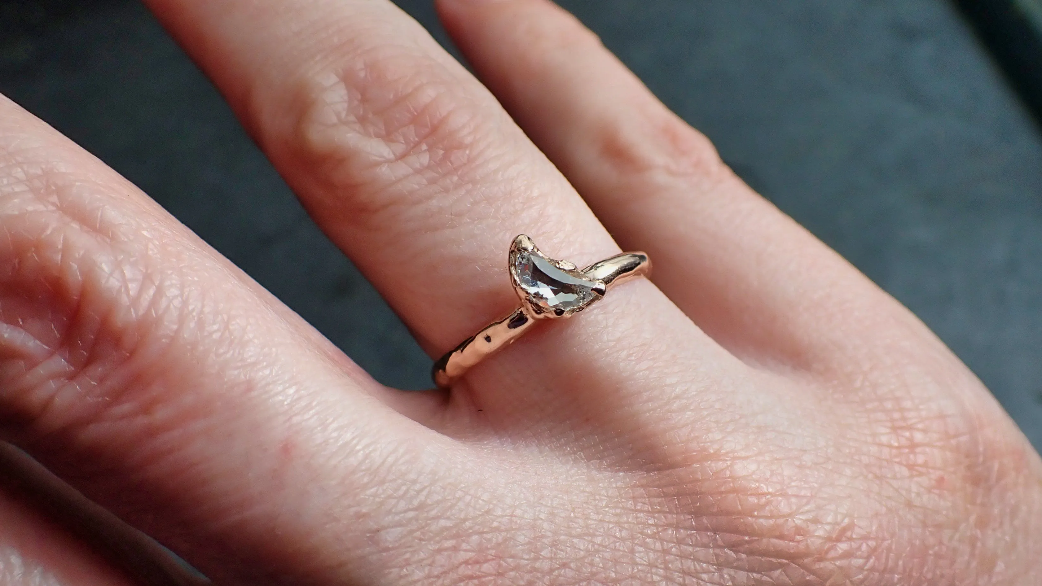 Faceted Fancy cut white crescent Moon Diamond Engagement 14k Rose Gold Solitaire Wedding Ring byAngeline 2202