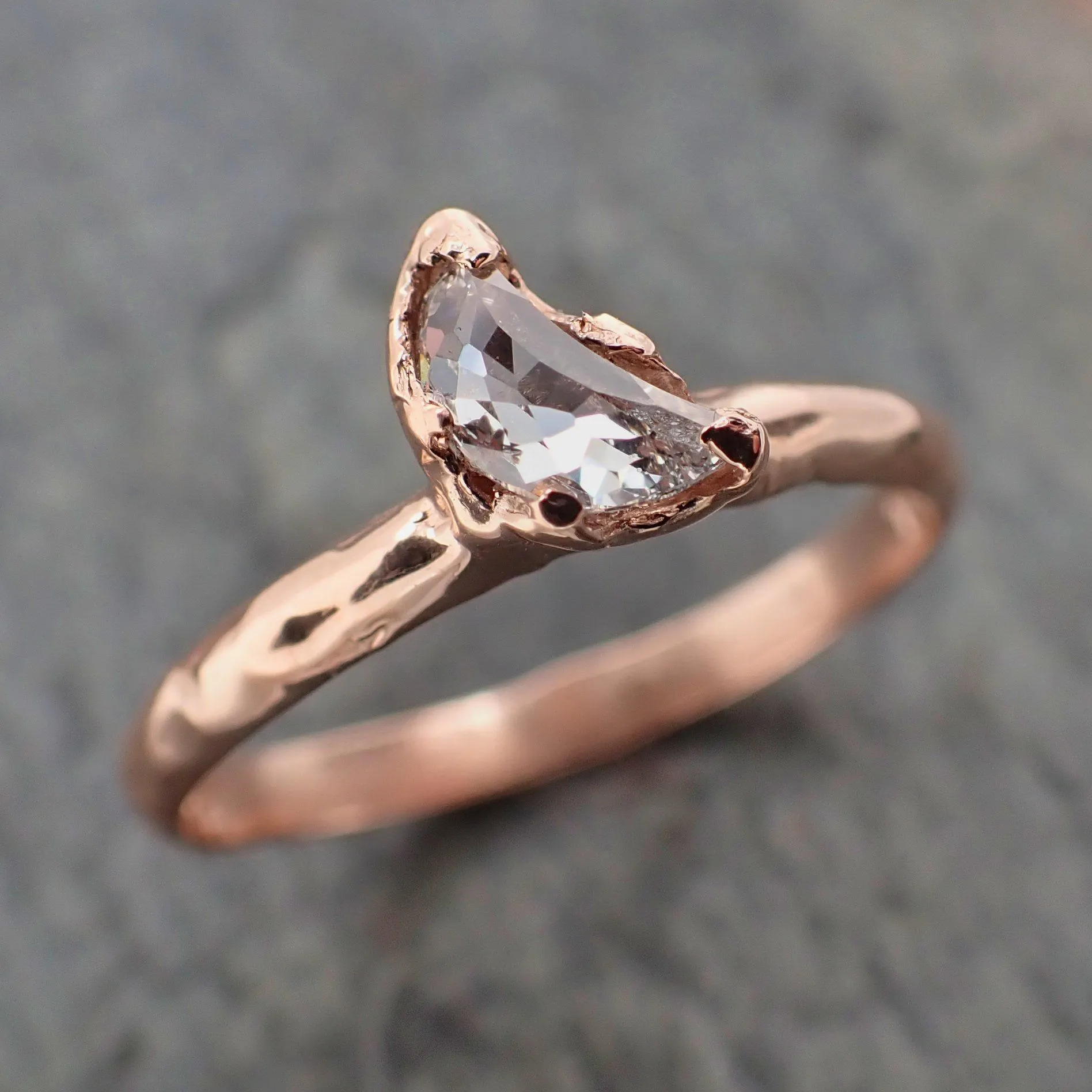 Faceted Fancy cut white crescent Moon Diamond Engagement 14k Rose Gold Solitaire Wedding Ring byAngeline 2202