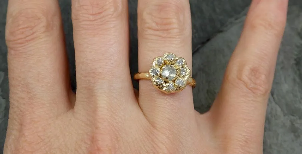 Fancy cut and Raw Rough Diamond Halo Engagement 14k Gold Wedding Ring diamond Stacking Ring Rough Diamond Ring by Angeline 0630
