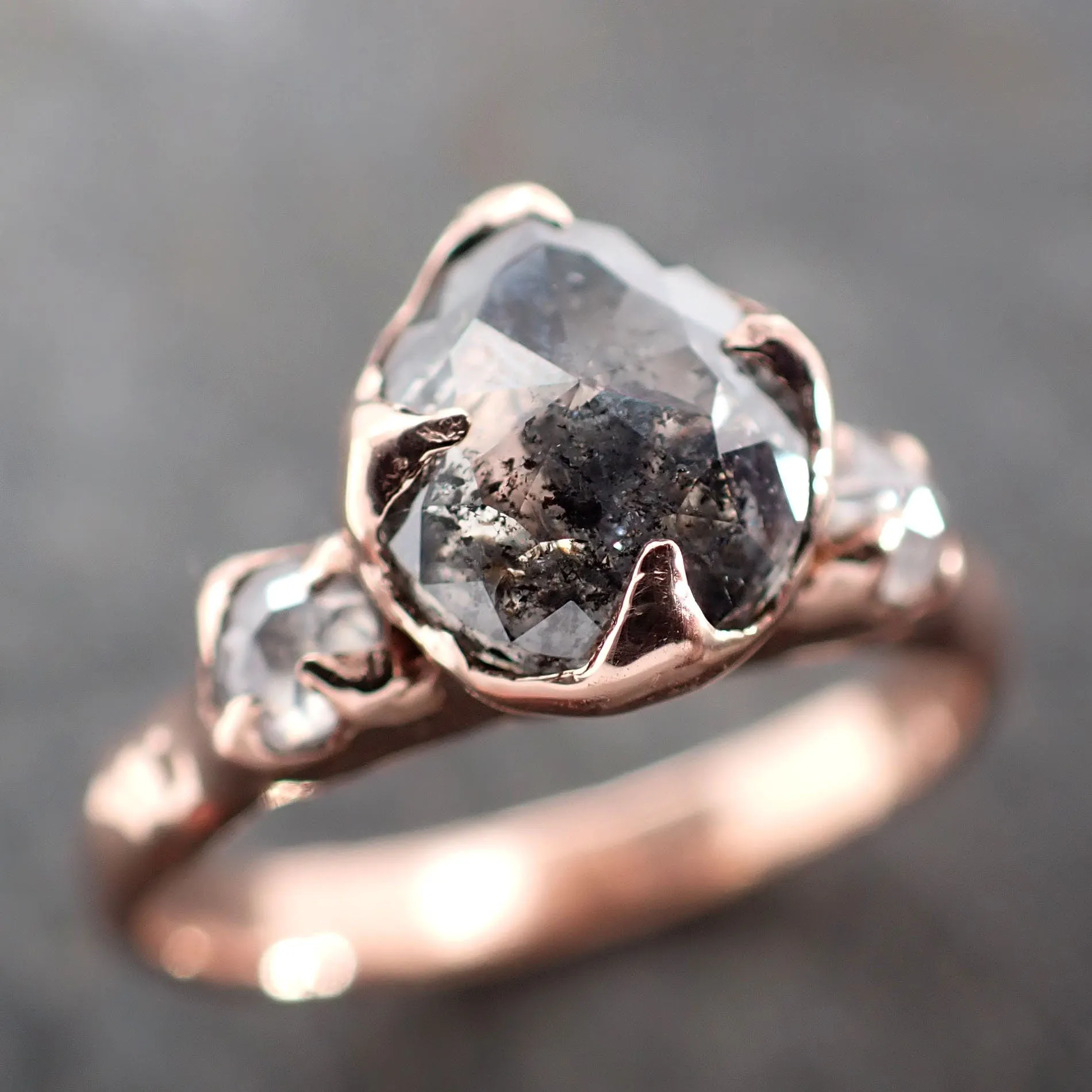 Fancy cut Salt and pepper Diamond Engagement 14k Rose Gold Multi stone Wedding Ring byAngeline 2976