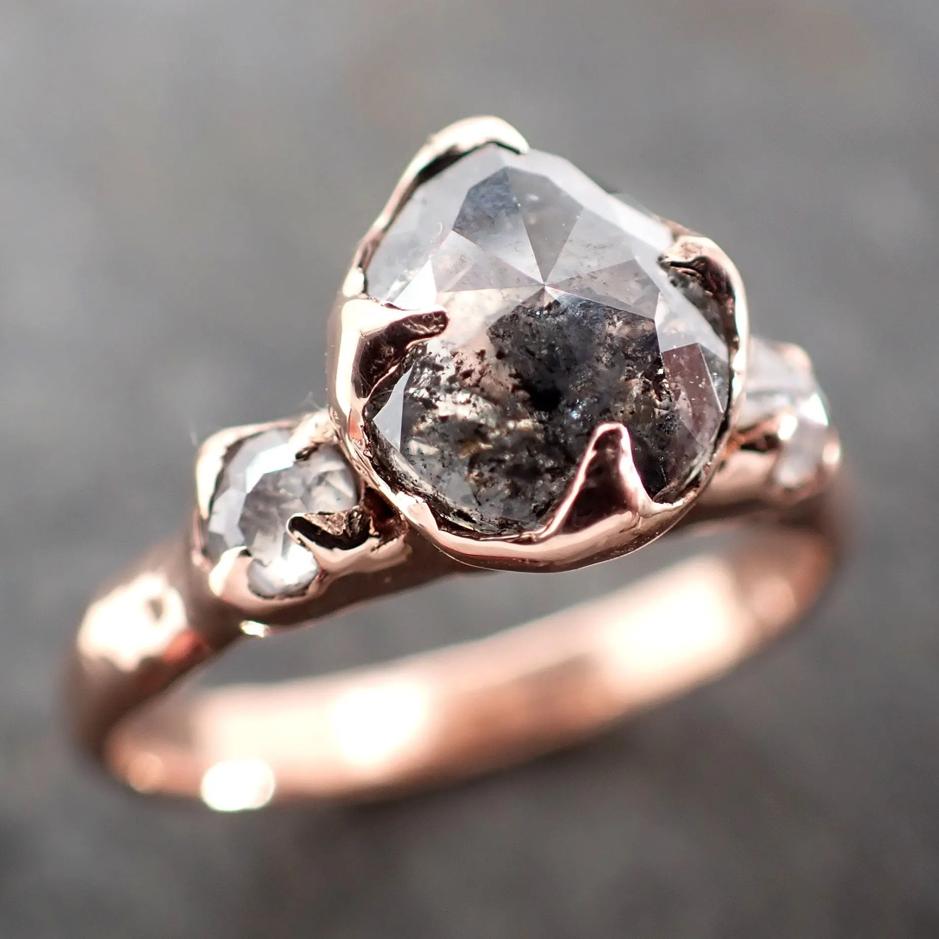 Fancy cut Salt and pepper Diamond Engagement 14k Rose Gold Multi stone Wedding Ring byAngeline 2976