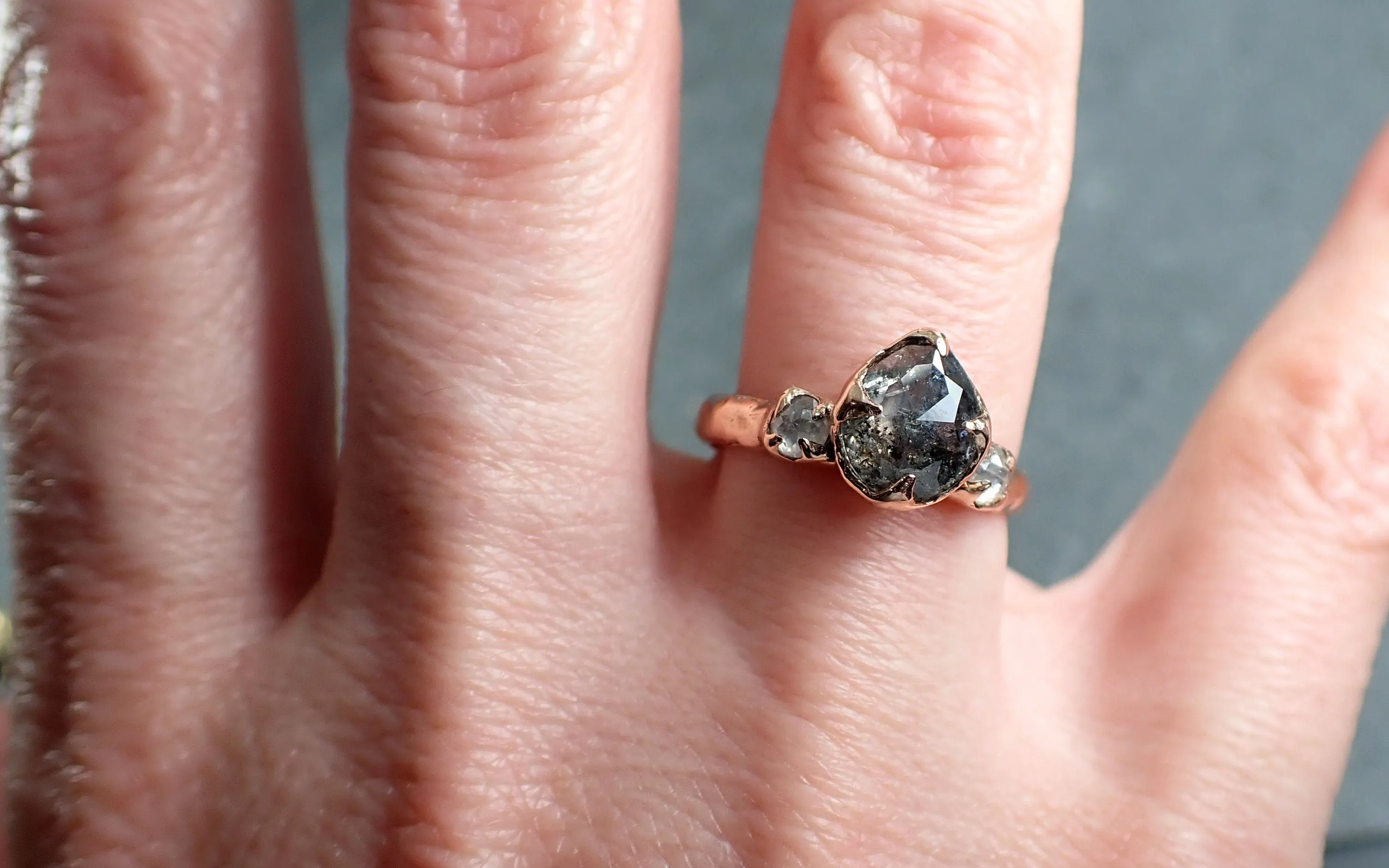Fancy cut Salt and pepper Diamond Engagement 14k Rose Gold Multi stone Wedding Ring byAngeline 2976