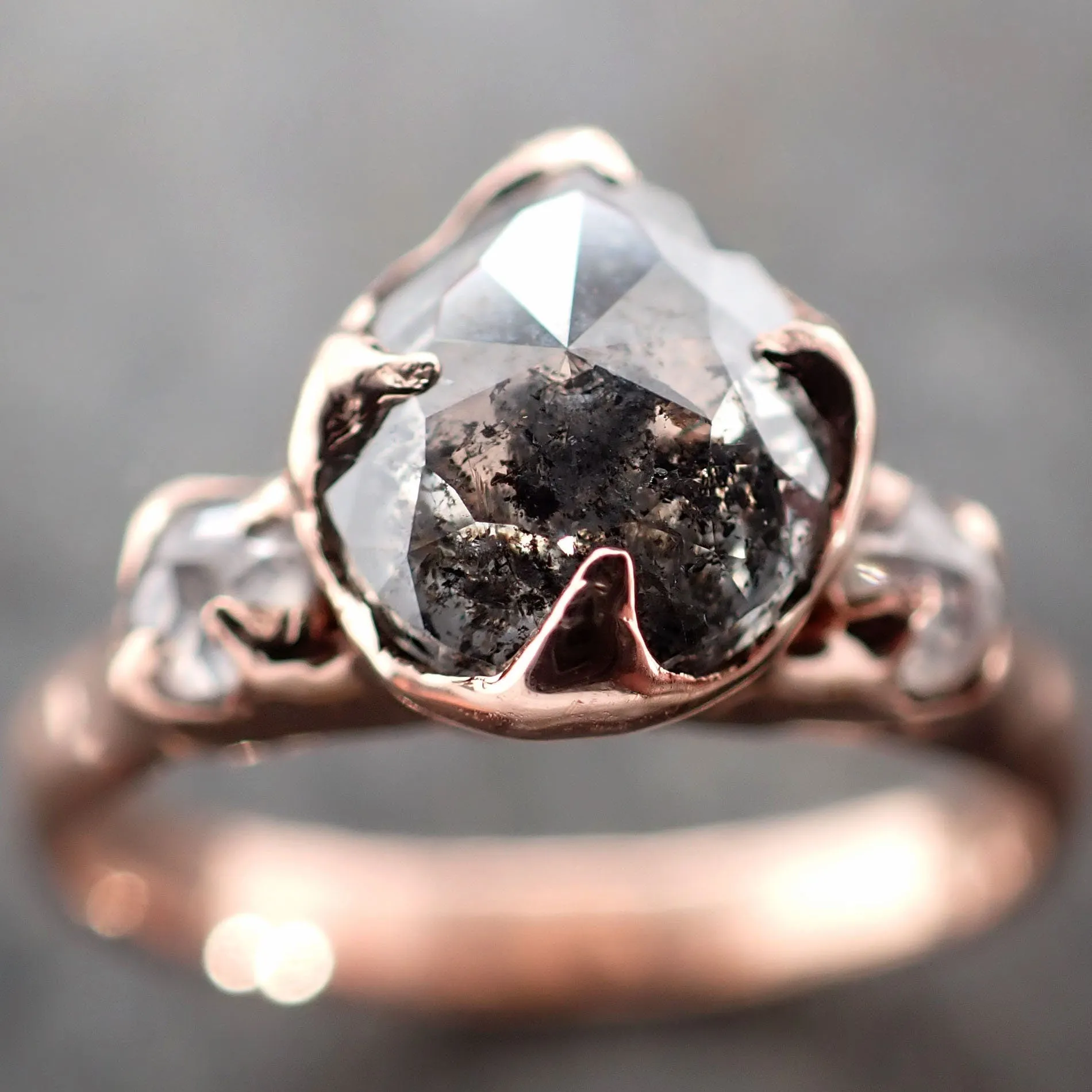Fancy cut Salt and pepper Diamond Engagement 14k Rose Gold Multi stone Wedding Ring byAngeline 2976