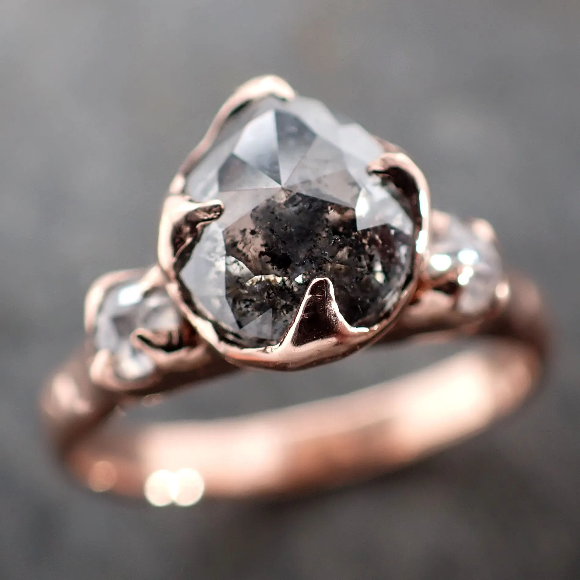 Fancy cut Salt and pepper Diamond Engagement 14k Rose Gold Multi stone Wedding Ring byAngeline 2976