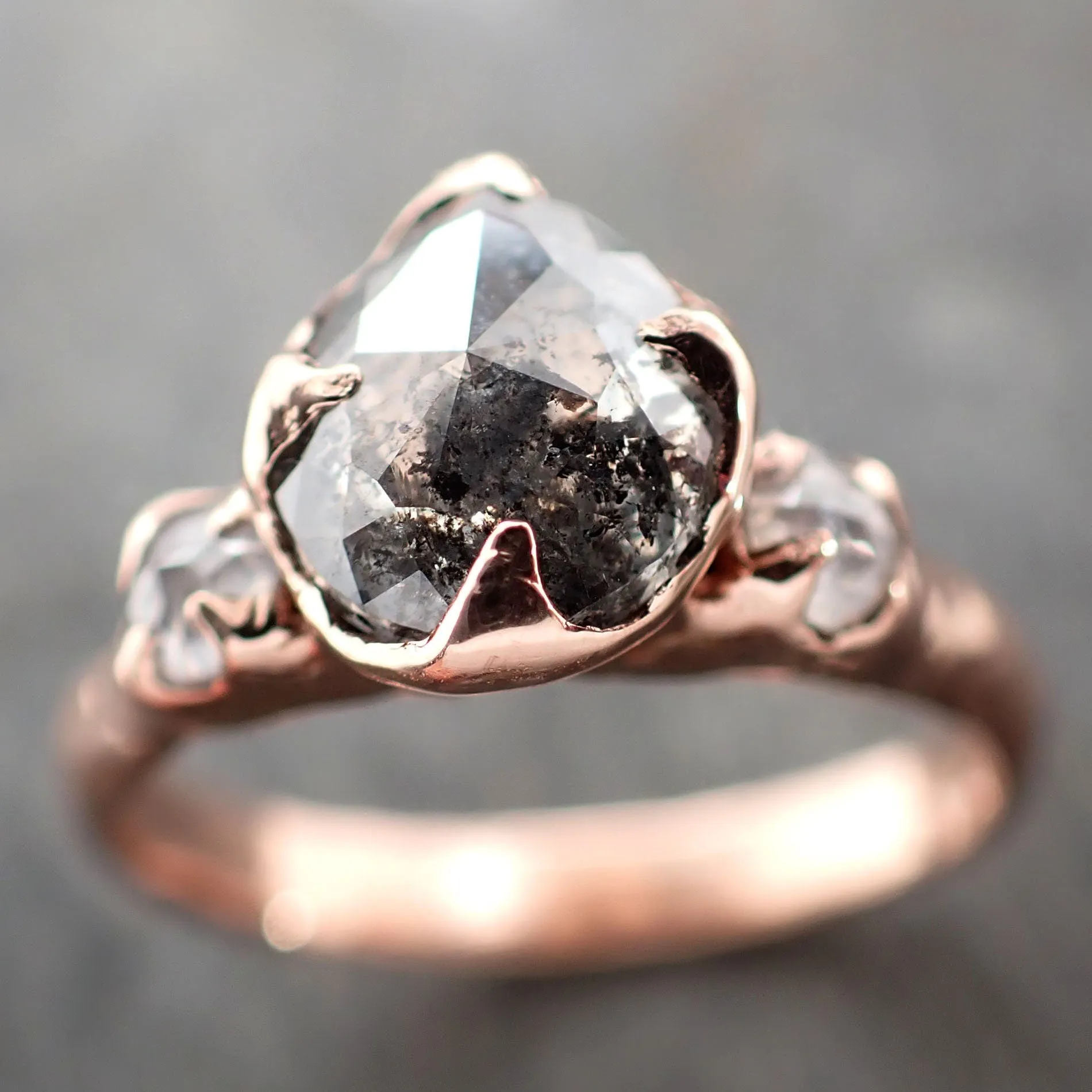 Fancy cut Salt and pepper Diamond Engagement 14k Rose Gold Multi stone Wedding Ring byAngeline 2976