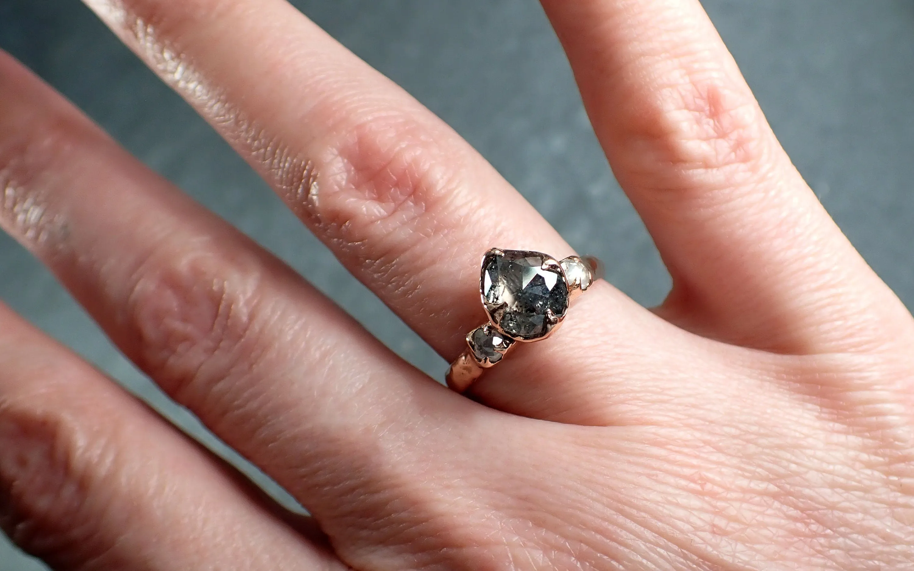 Fancy cut Salt and pepper Diamond Engagement 14k Rose Gold Multi stone Wedding Ring byAngeline 2976