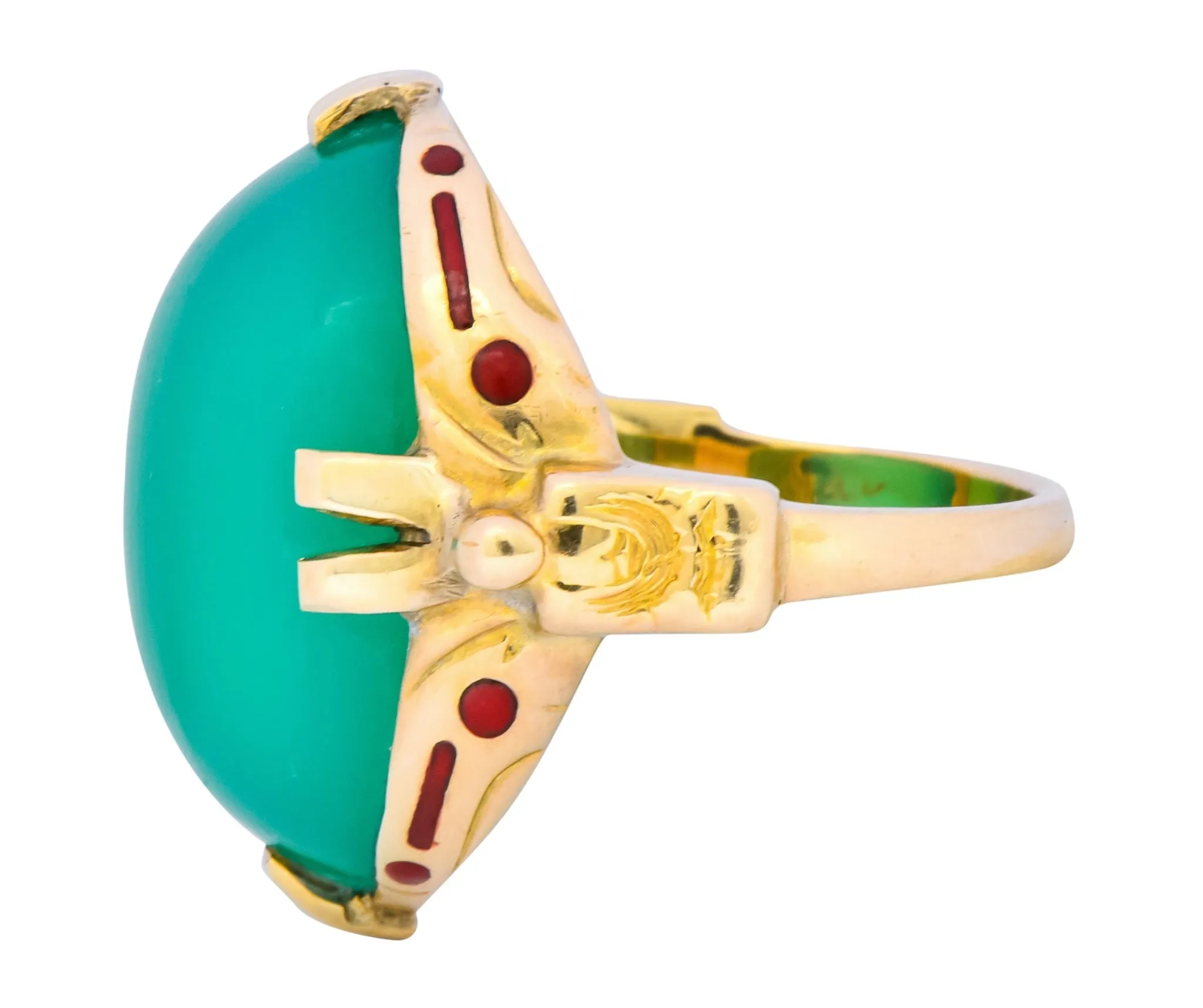 Felger Inc. Art Deco Egyptian Revival Enamel Chrysoprase Ring