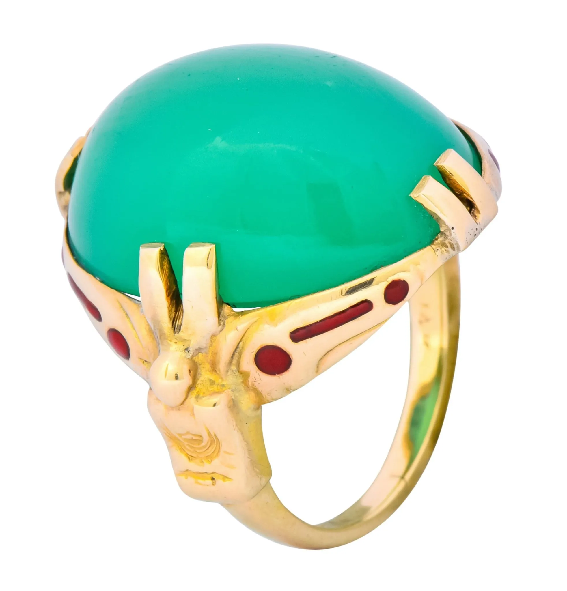 Felger Inc. Art Deco Egyptian Revival Enamel Chrysoprase Ring