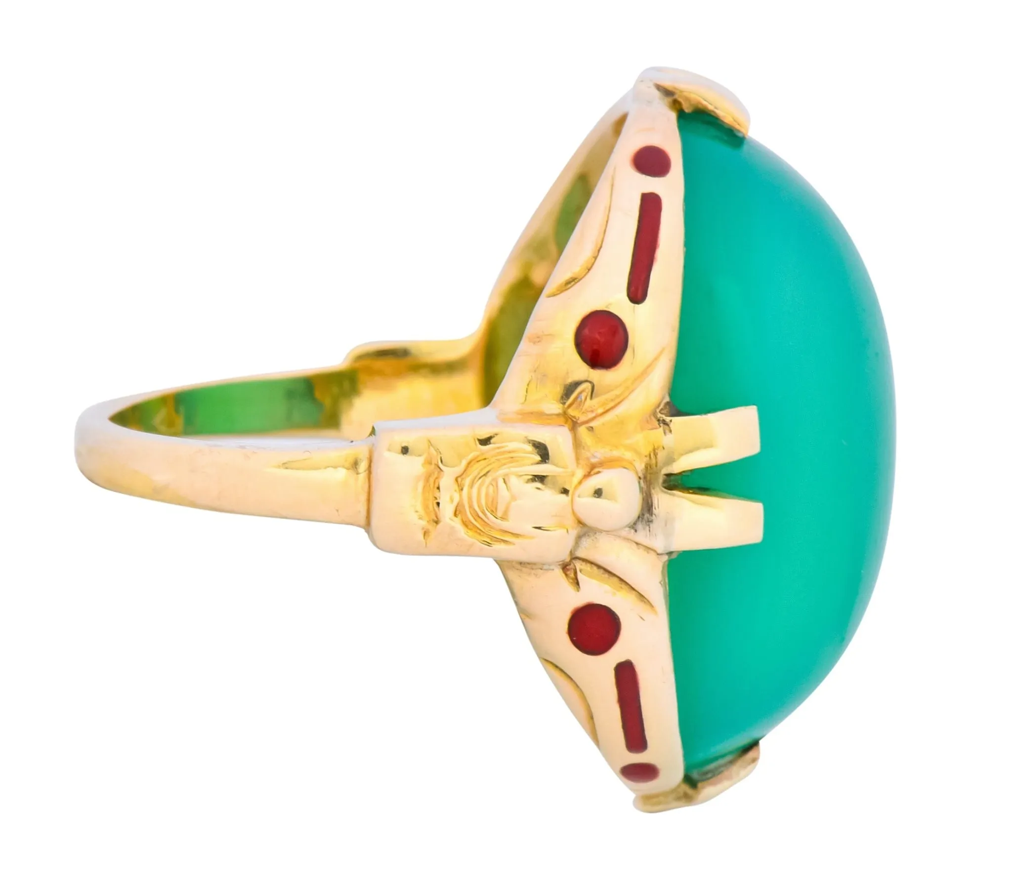 Felger Inc. Art Deco Egyptian Revival Enamel Chrysoprase Ring