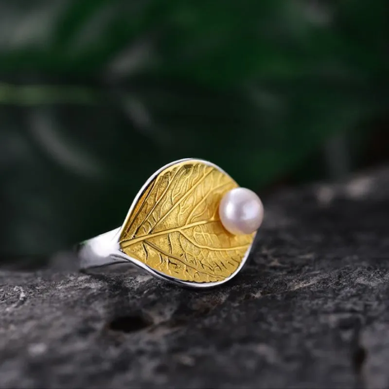 Genuine Pearl Leaf Ring 925 Sterling Silver For Women  Anniverssary Jewelry