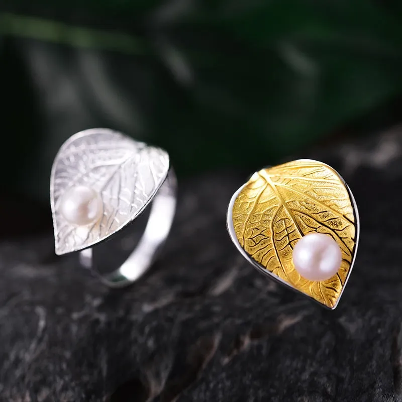 Genuine Pearl Leaf Ring 925 Sterling Silver For Women  Anniverssary Jewelry