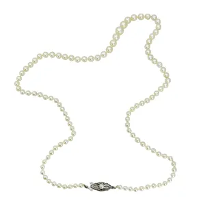 Geometric Art Deco Vintage Japanese Saltwater Akoya Cultured Pearl Graduated Necklace - Sterling Silver 20.75 Inch
