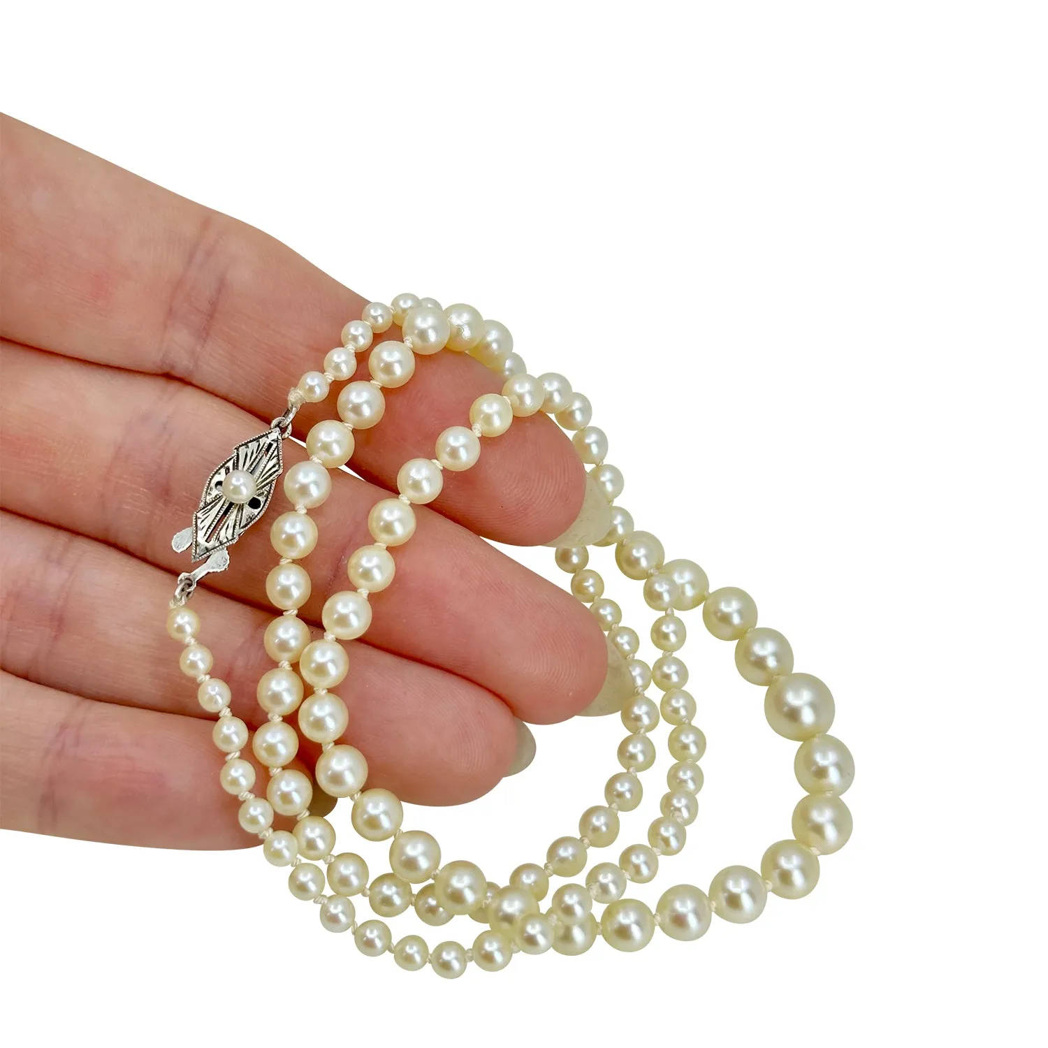 Geometric Art Deco Vintage Japanese Saltwater Akoya Cultured Pearl Graduated Necklace - Sterling Silver 20.75 Inch
