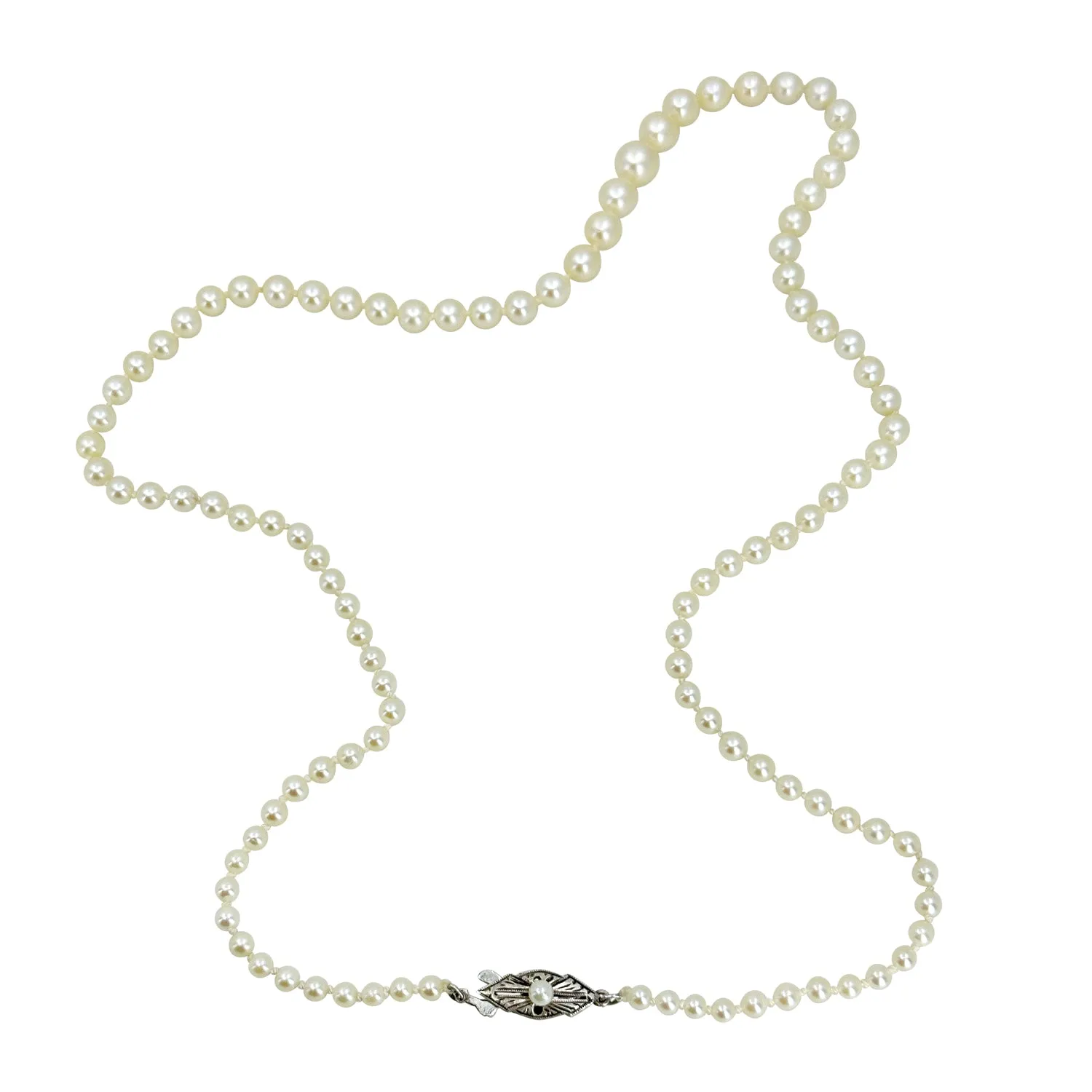 Geometric Art Deco Vintage Japanese Saltwater Akoya Cultured Pearl Graduated Necklace - Sterling Silver 20.75 Inch